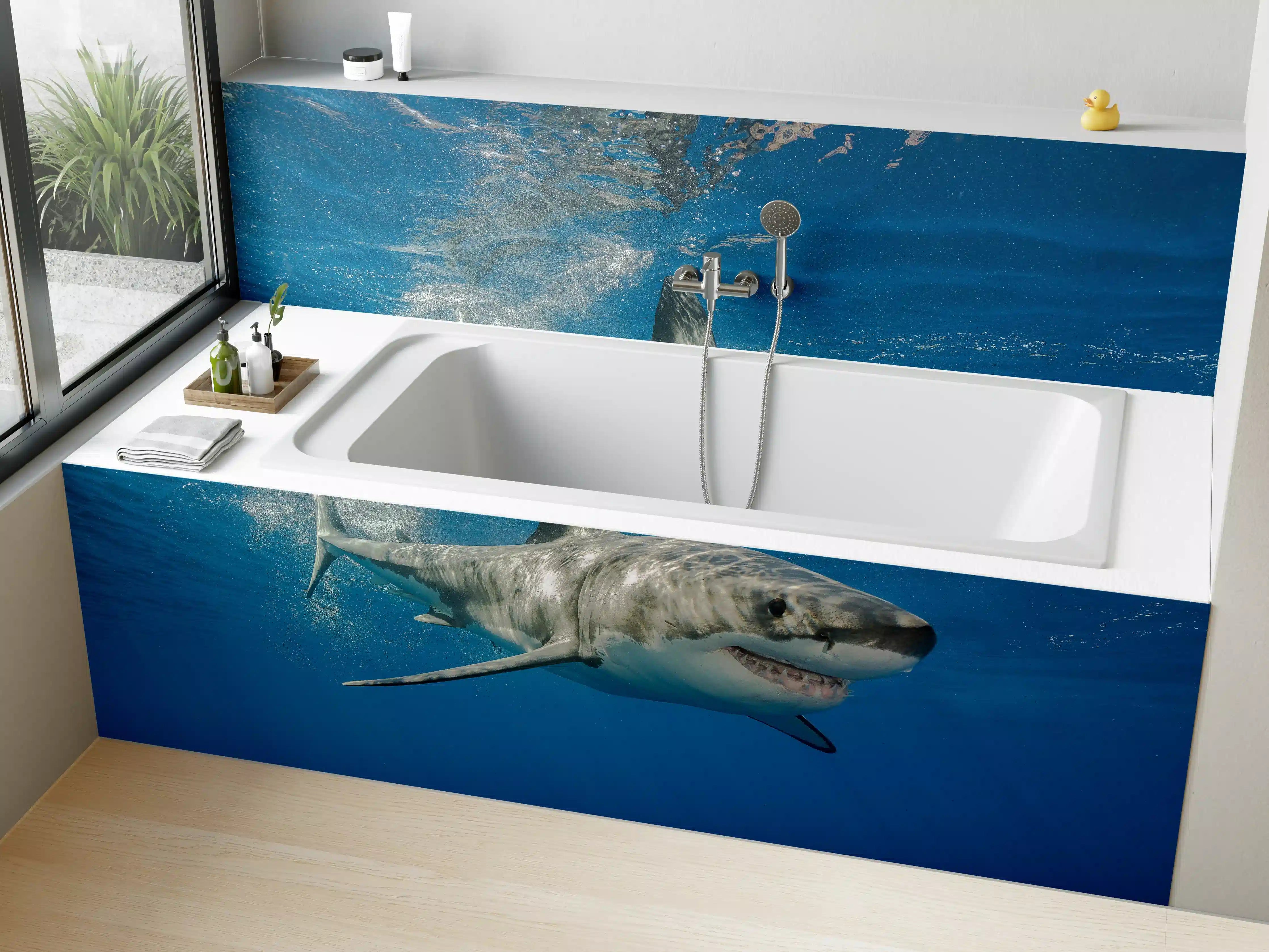 Badewannen-Rückwand - Weißer Hai in Unterwasseransicht
