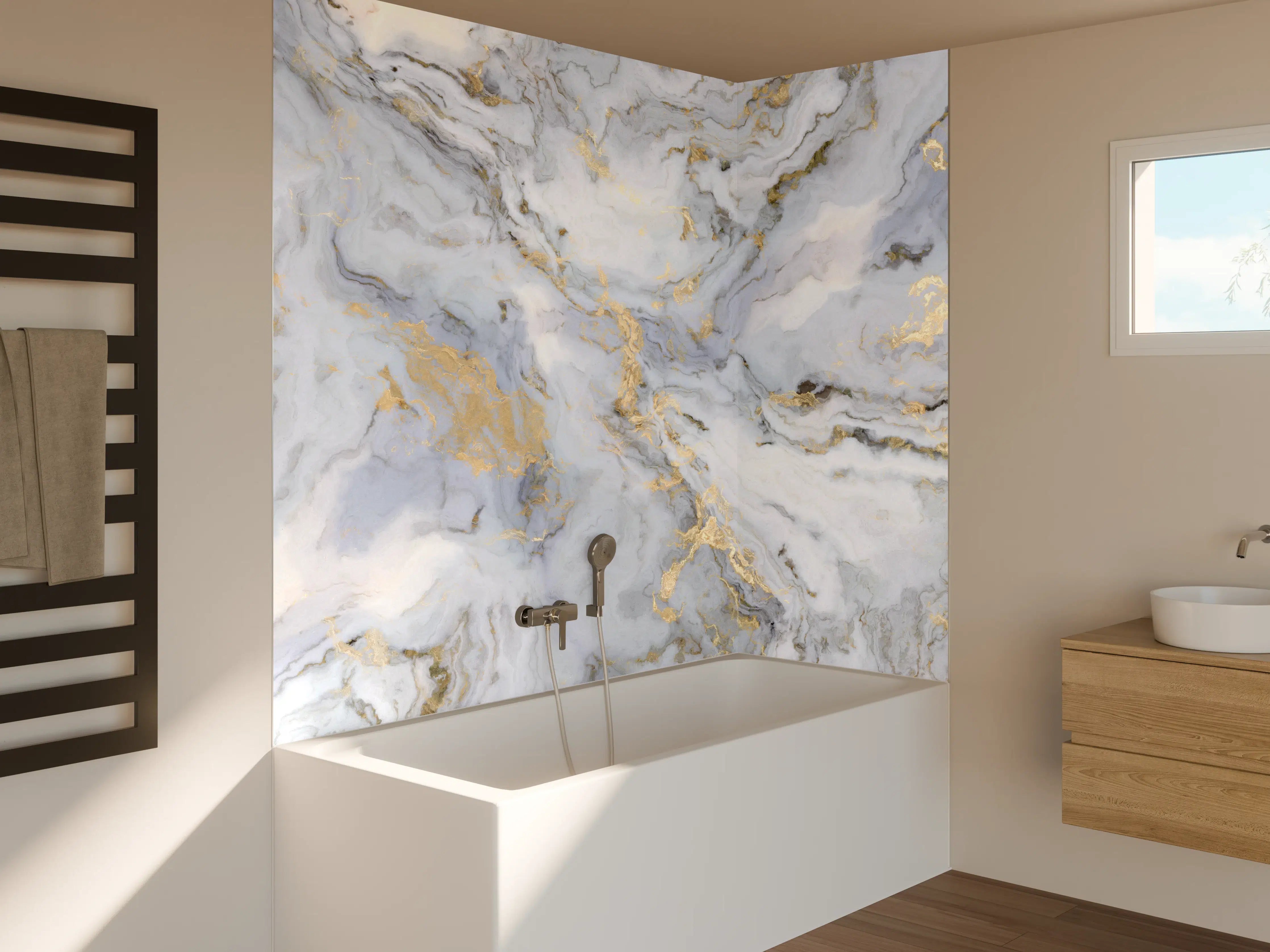 Badewannen-Rückwand - Weißer Marmor mit Goldelementen
