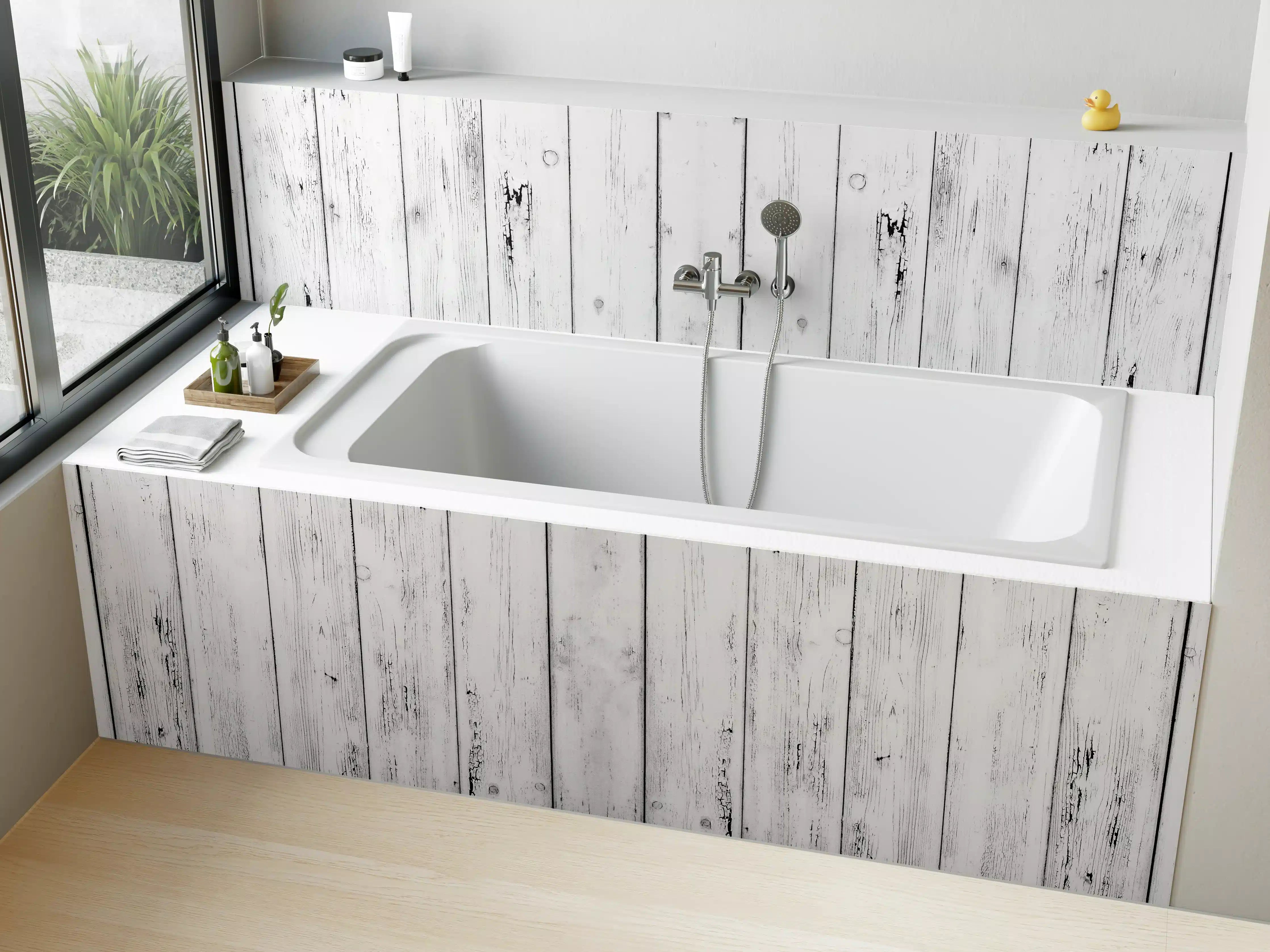 Badewannen-Rückwand - Weißer Vintage Holzhintergrund
