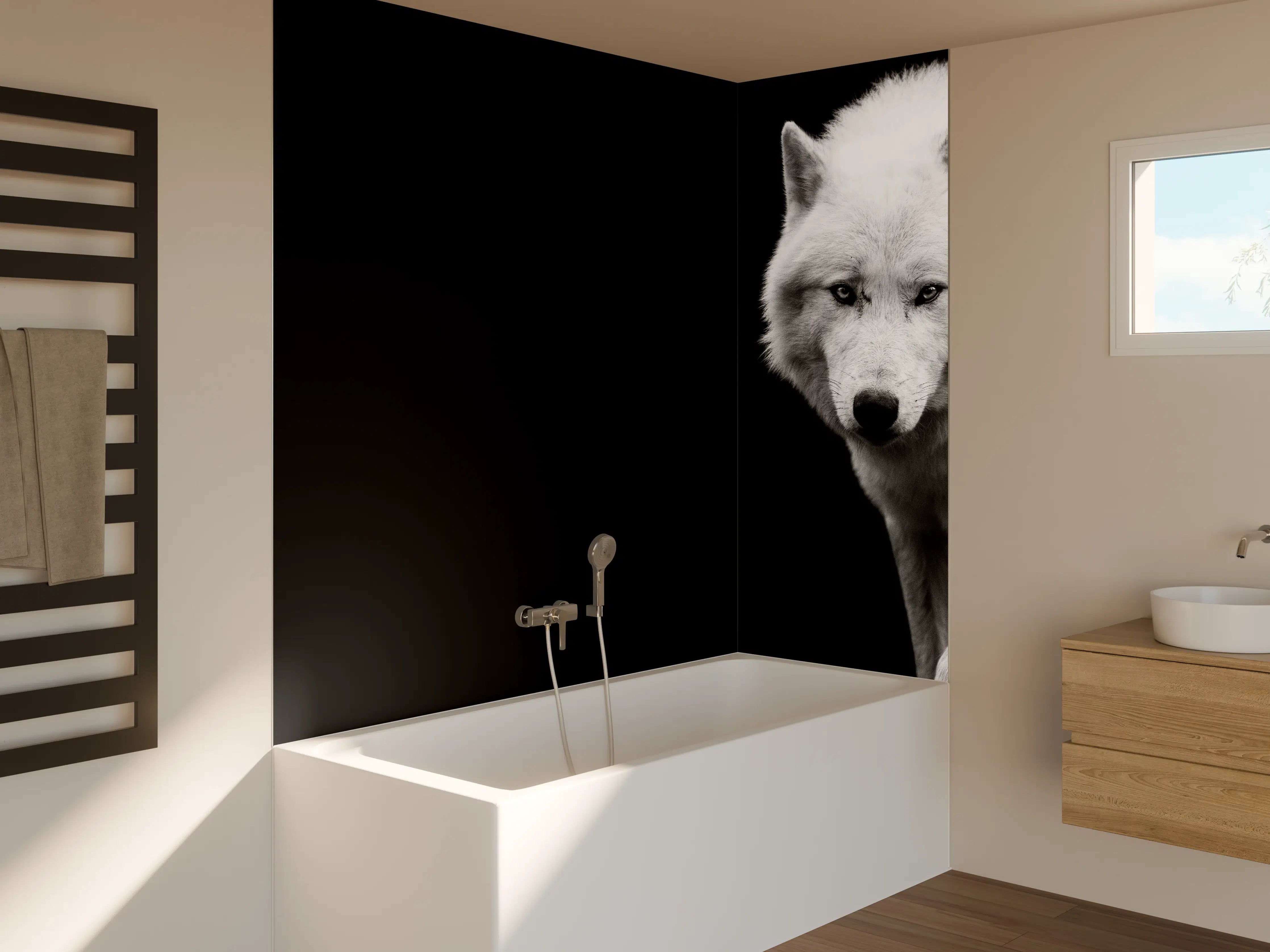 Badewannen-Rückwand - Weißer Wolf mit schwarzem Hintergrund