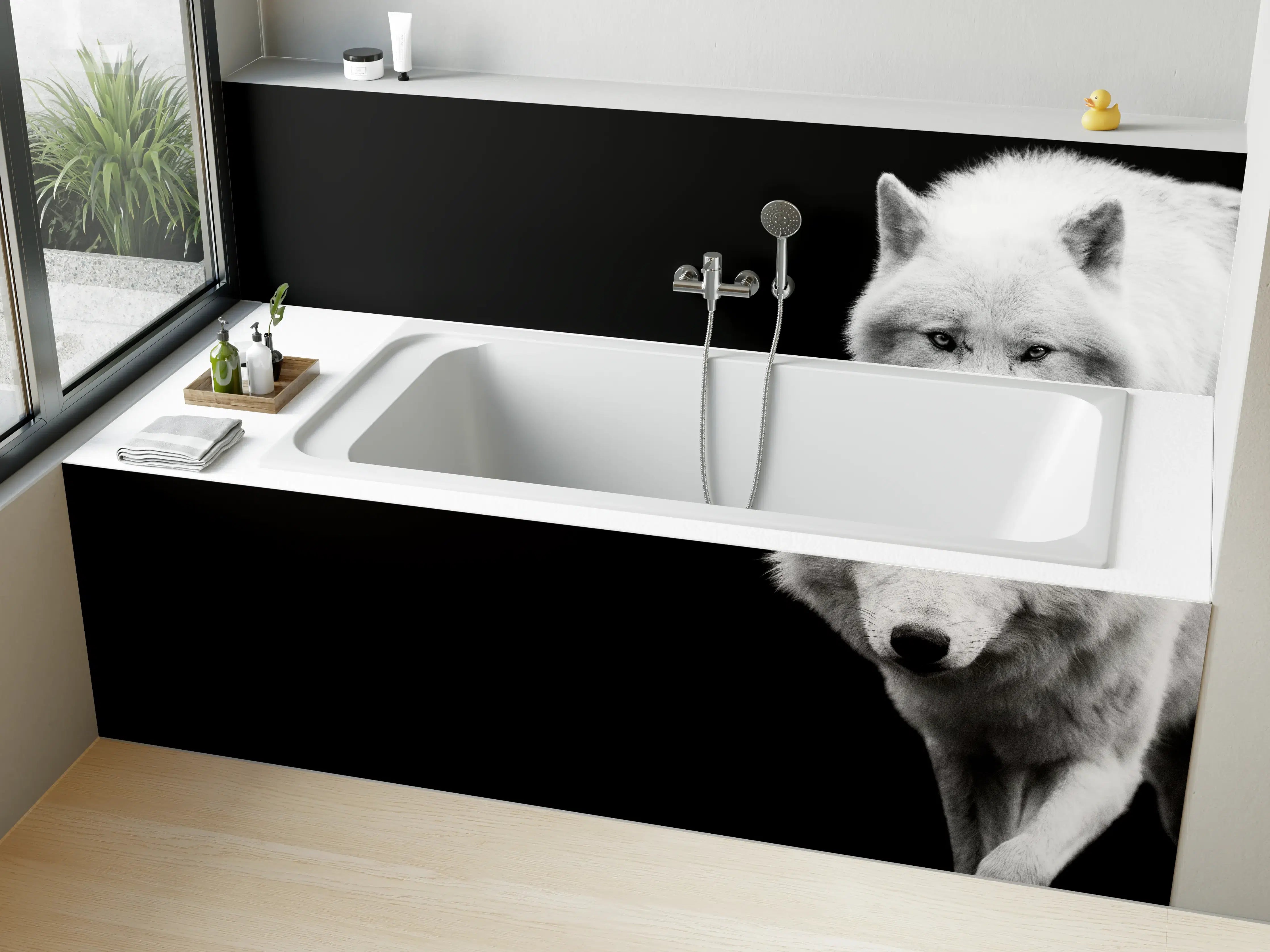 Badewannen-Rückwand - Weißer Wolf mit schwarzem Hintergrund