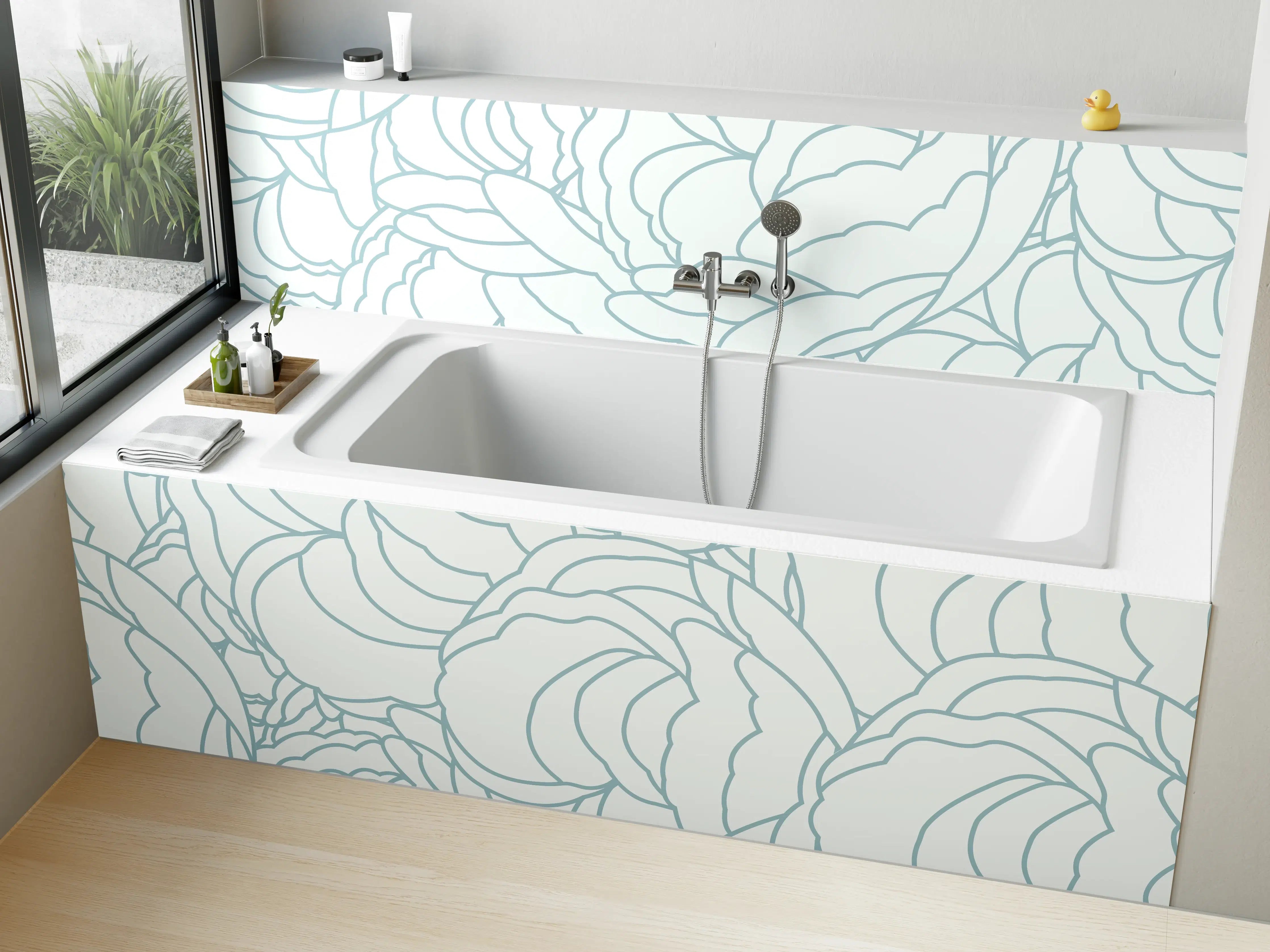 Badewannen-Rückwand - Weißes Blumenmuster mit zarten Grauschattierungen