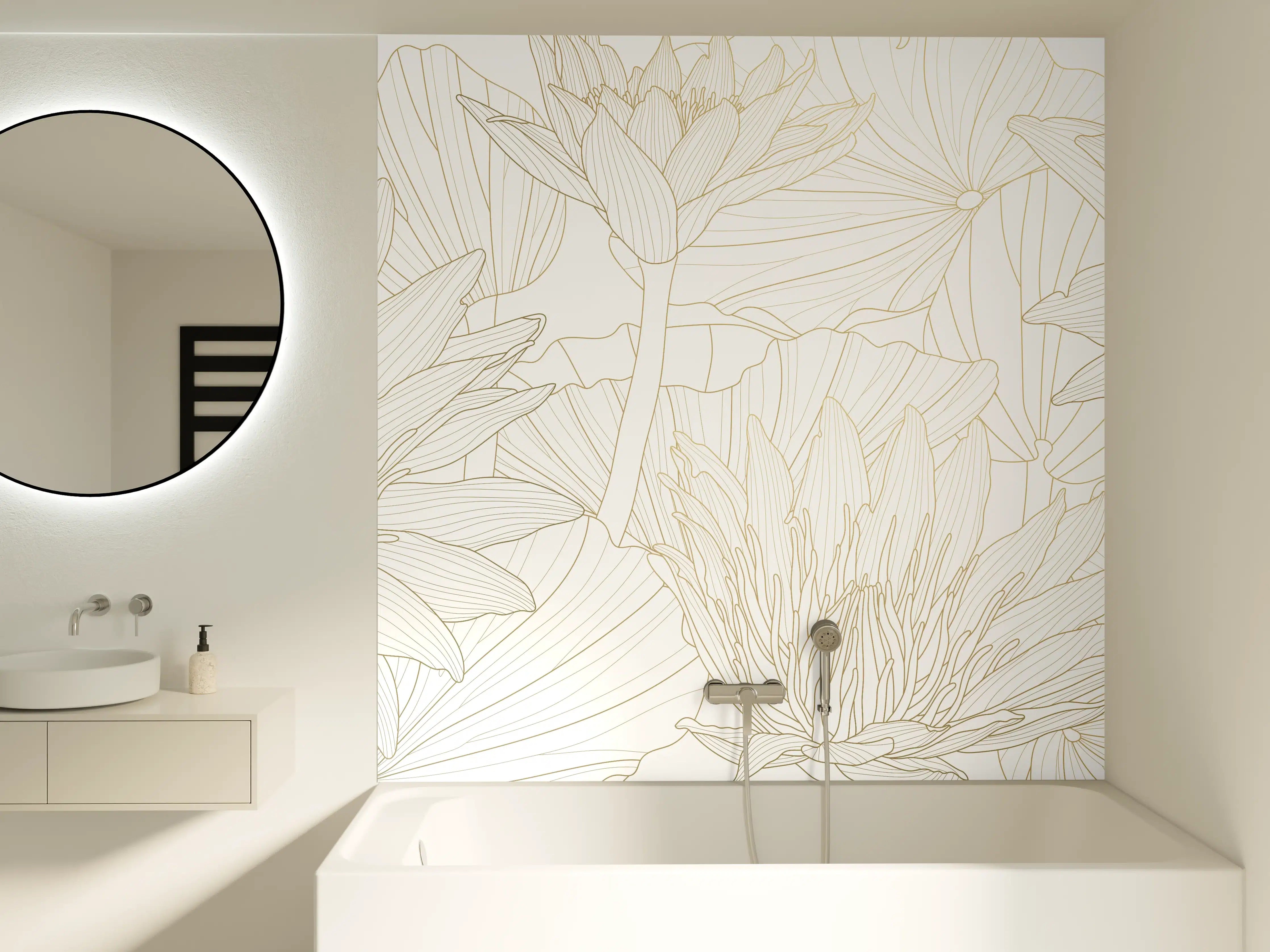 Badewannen-Rückwand - Weißes Floral-Linien Kunstwerk