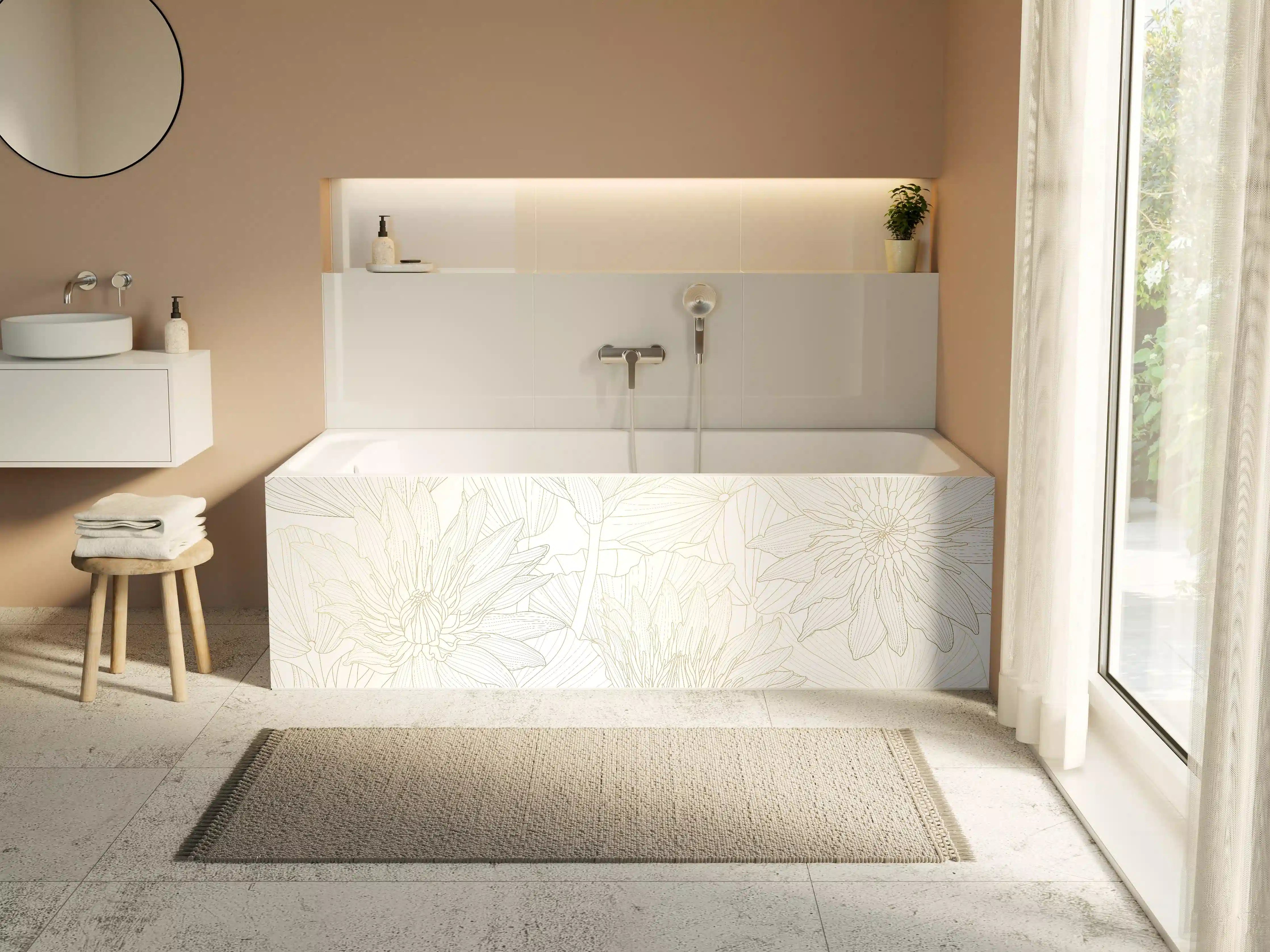Badewannen-Rückwand - Weißes Floral-Linien Kunstwerk