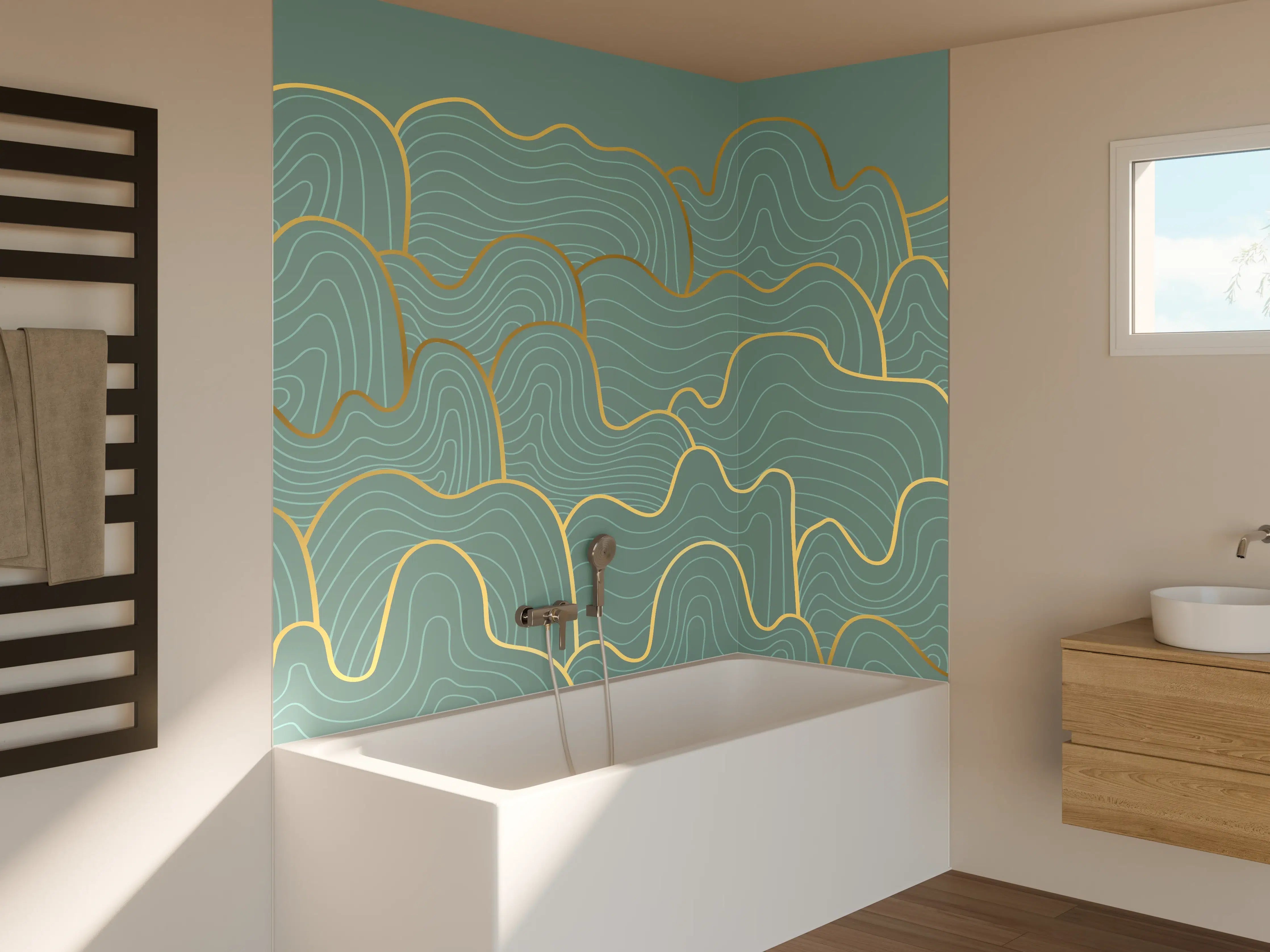 Badewannen-Rückwand - Wellenmuster Blau-Gold