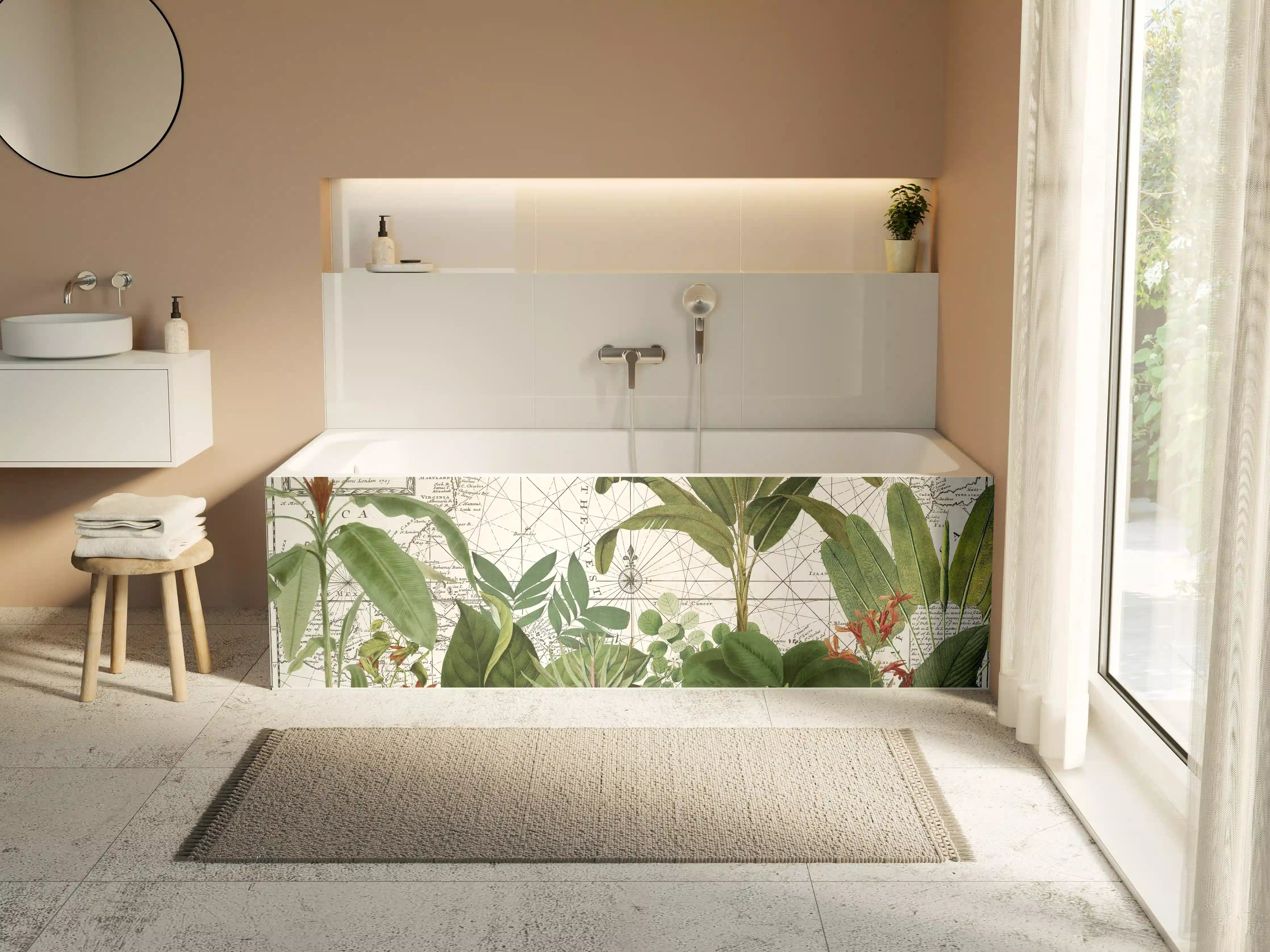 Badewannen-Rückwand - Weltkarte mit exotischen Pflanzen