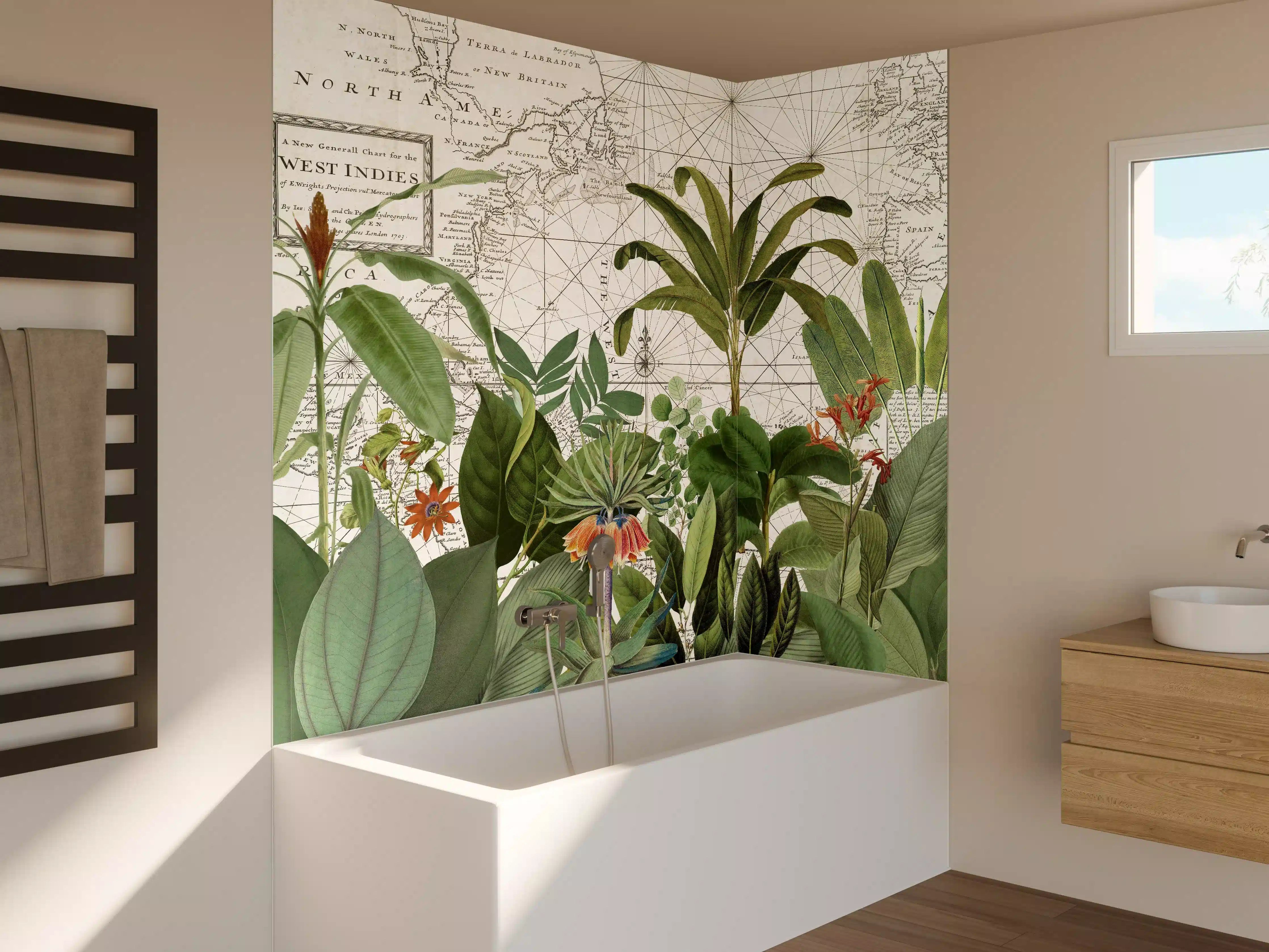 Badewannen-Rückwand - Weltkarte mit exotischen Pflanzen