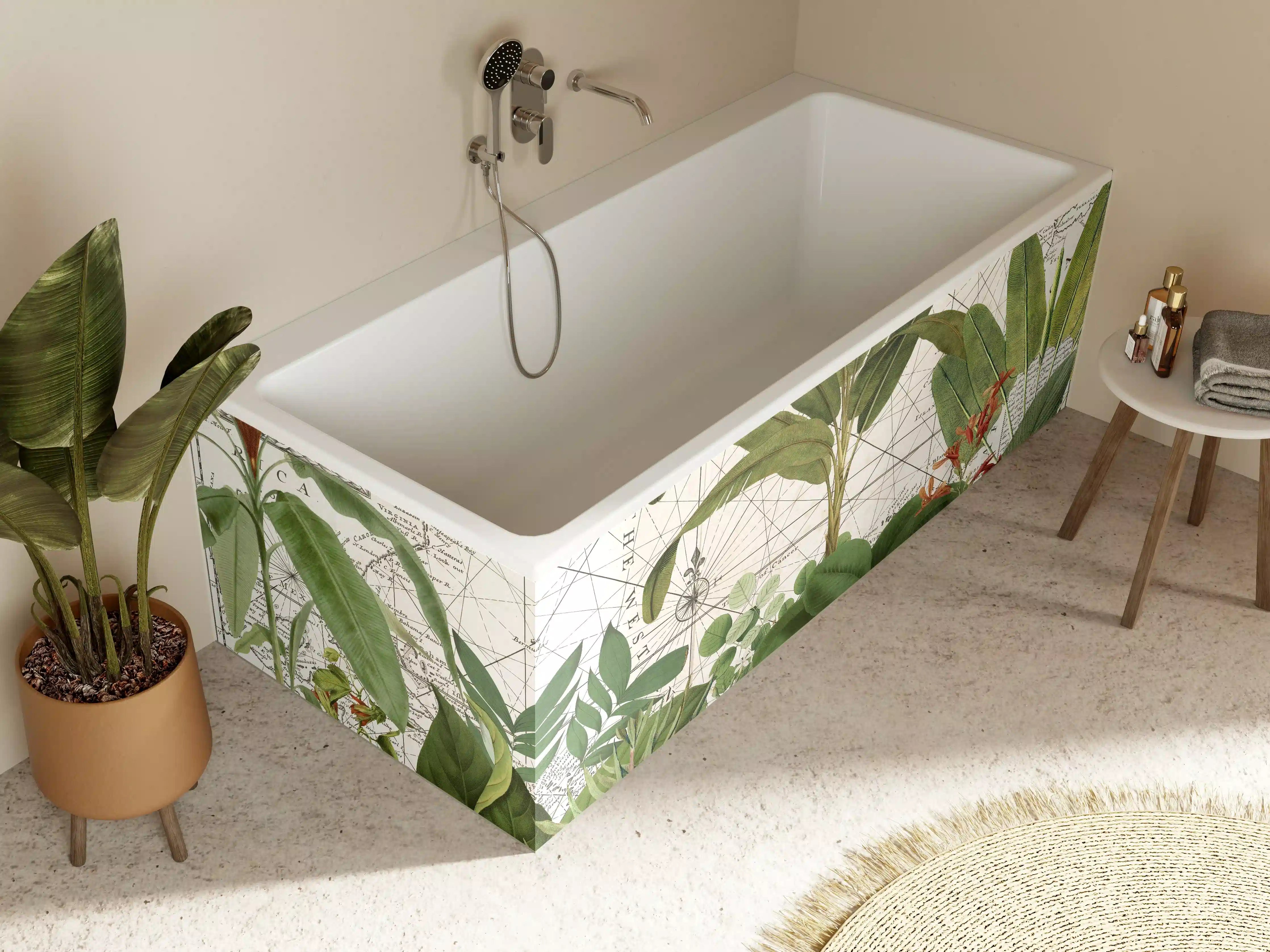 Badewannen-Rückwand - Weltkarte mit exotischen Pflanzen