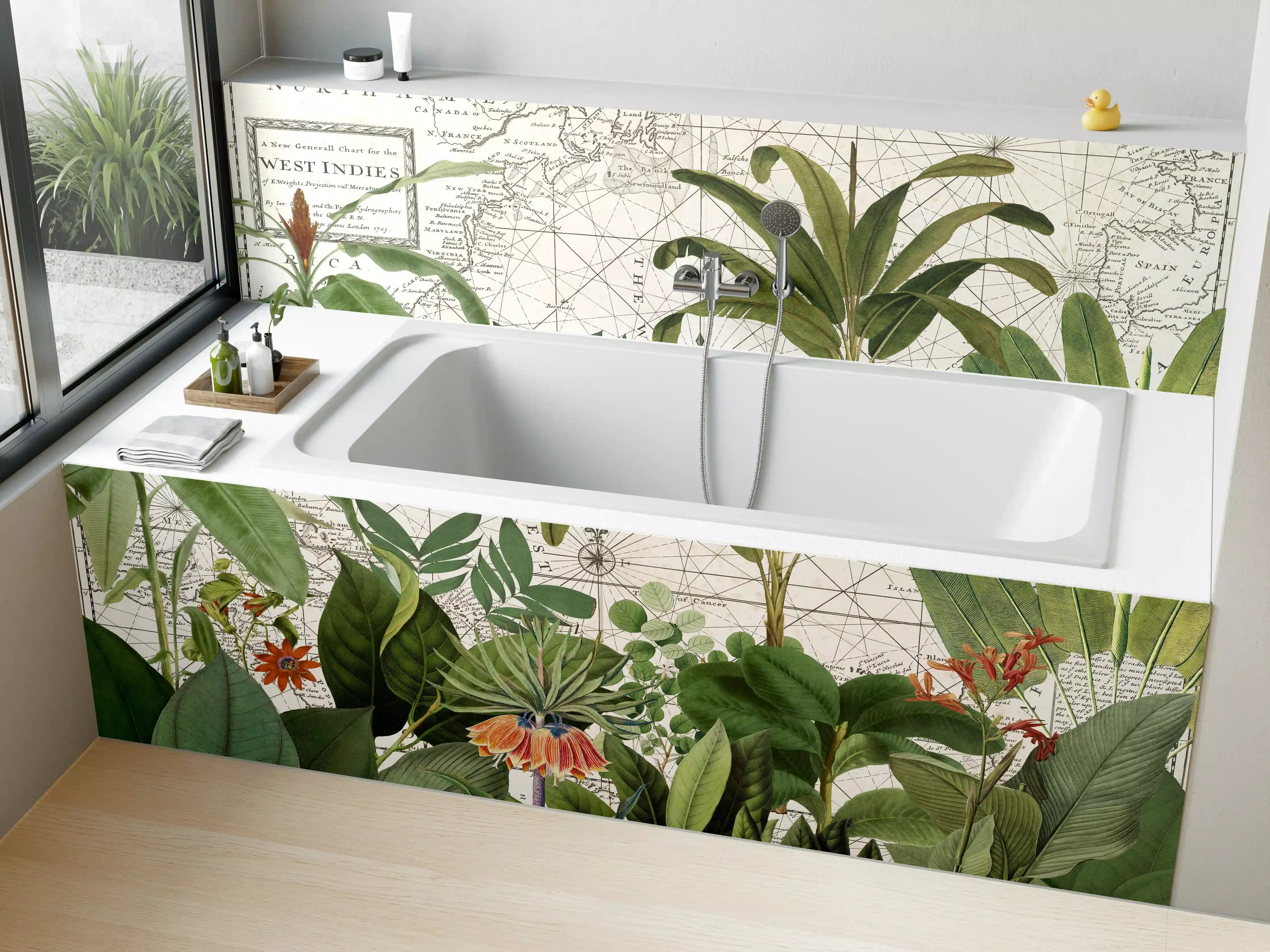 Badewannen-Rückwand - Weltkarte mit exotischen Pflanzen