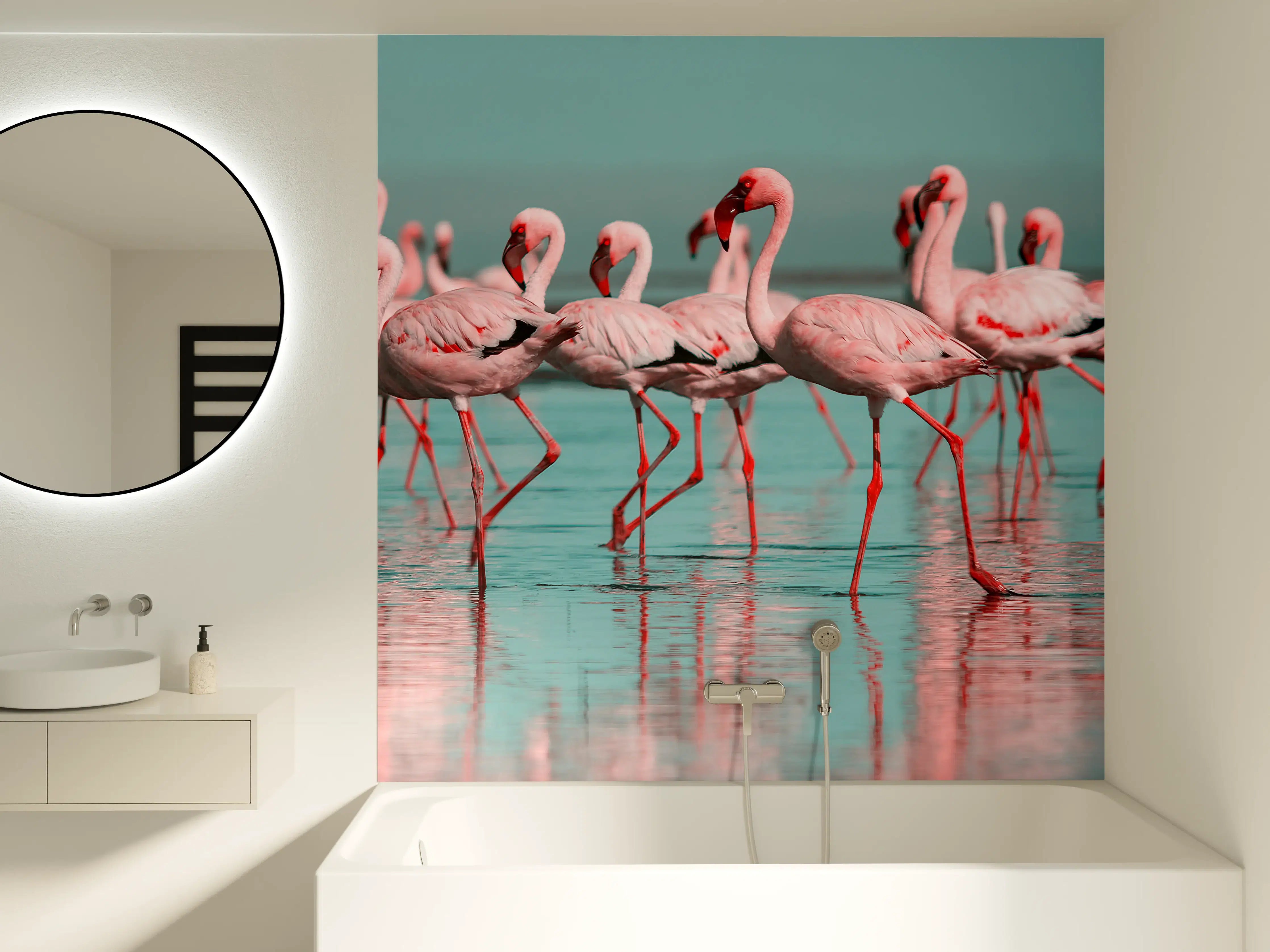 Badewannen-Rückwand - Wilde Flamingo auf dem Wasser 