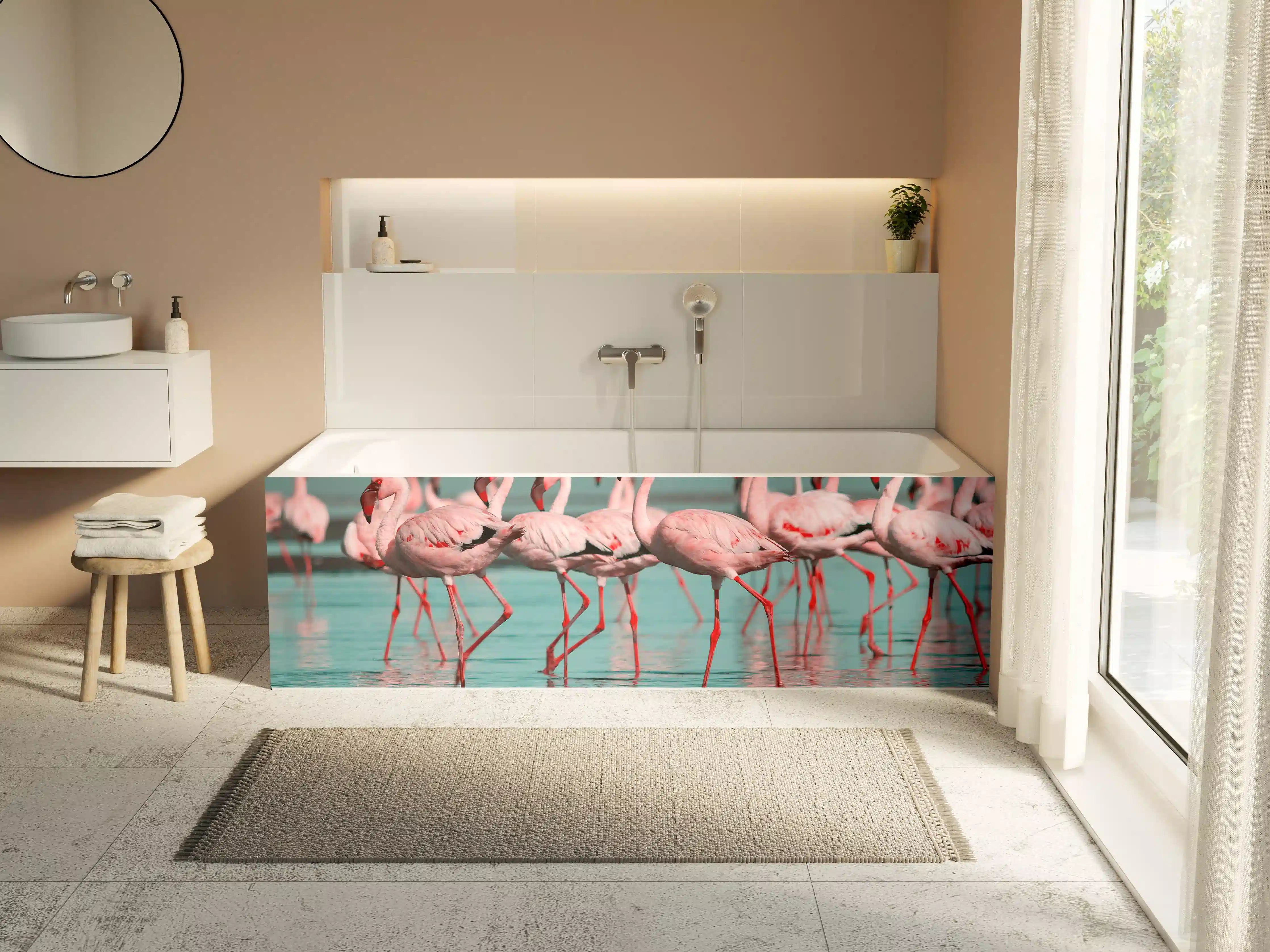 Badewannen-Rückwand - Wilde Flamingo auf dem Wasser 