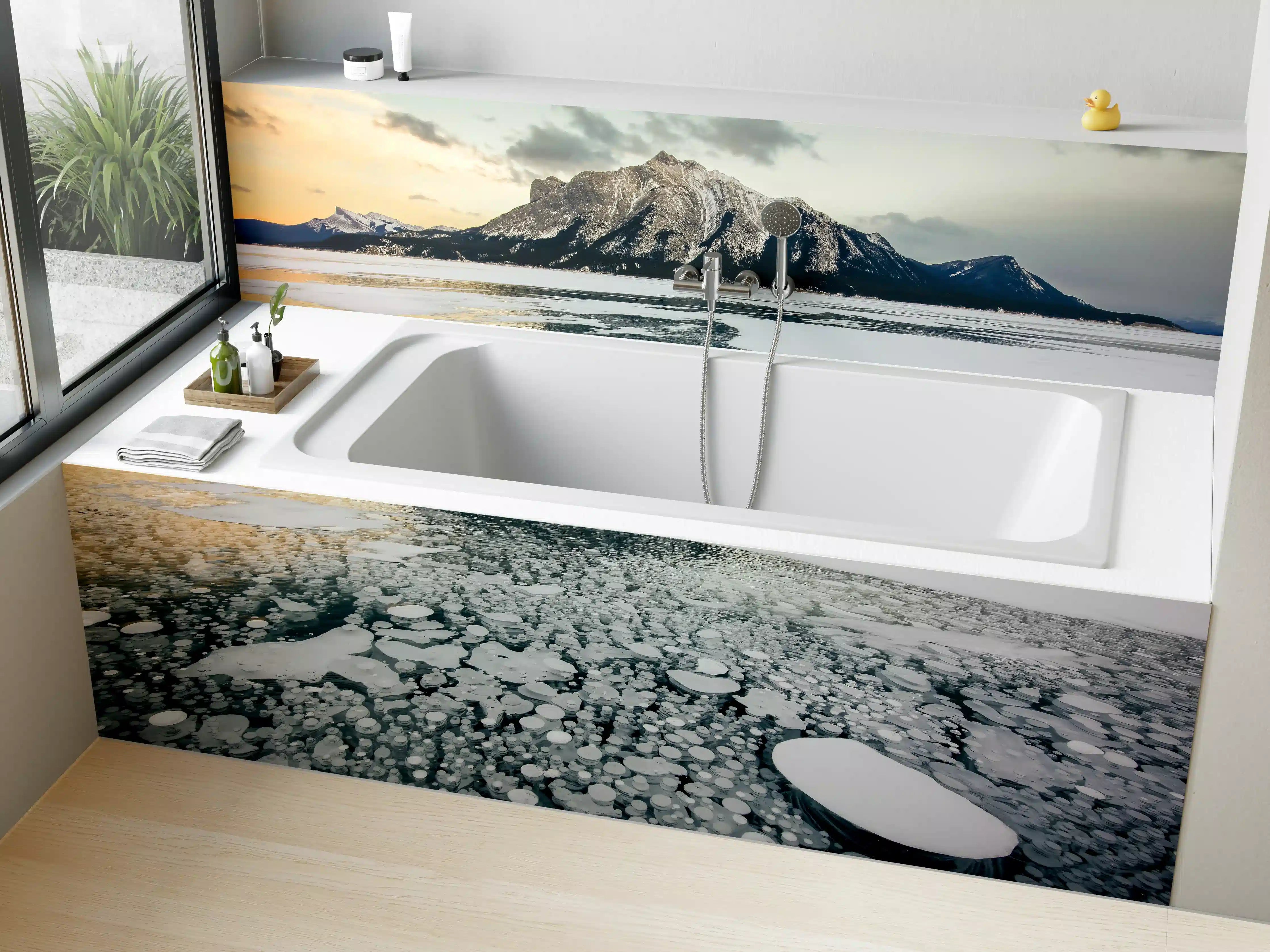 Badewannen-Rückwand - Winterlicher See mit Eisblasen