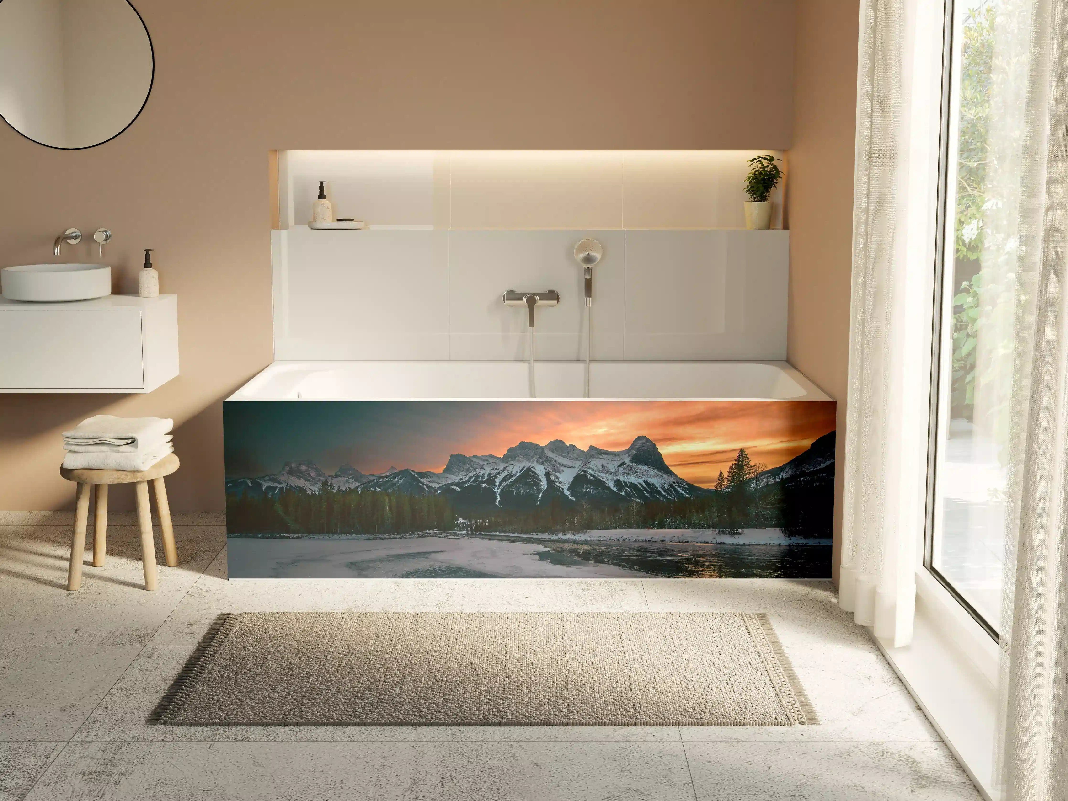 Badewannen-Rückwand - Winterlicher Sonnenuntergang Berge