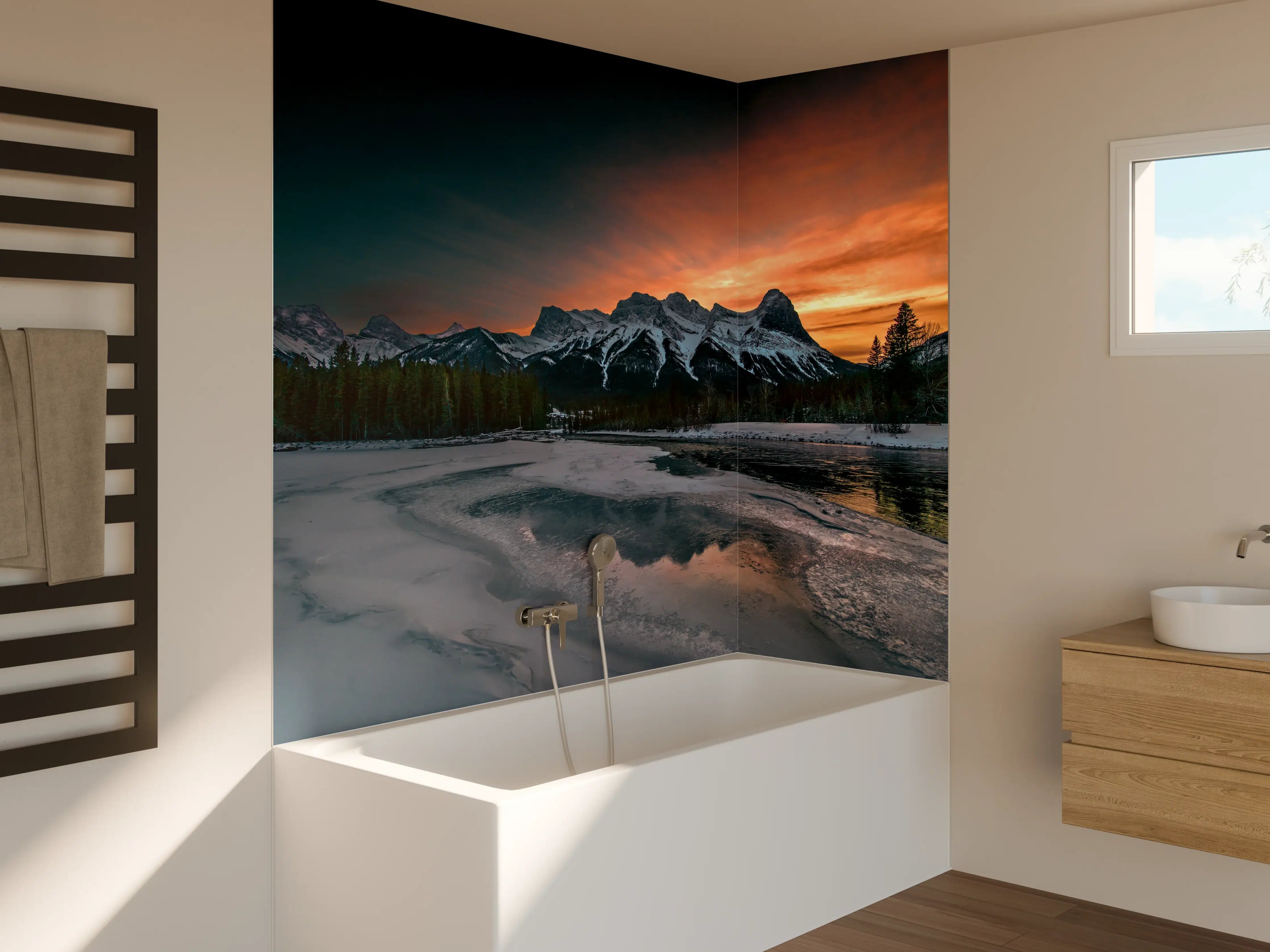 Badewannen-Rückwand - Winterlicher Sonnenuntergang Berge