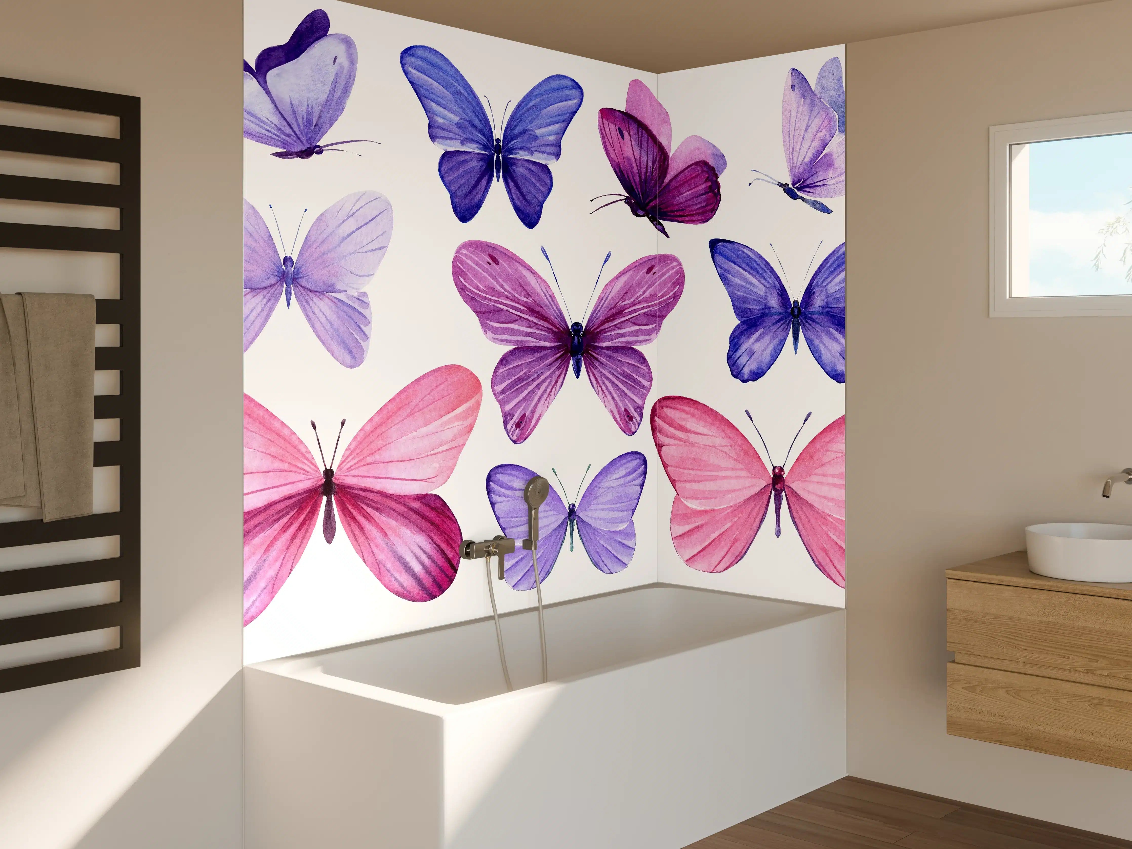 Badewannen-Rückwand - Wunderschöne Schmetterlinge auf weißem Hintergrund
