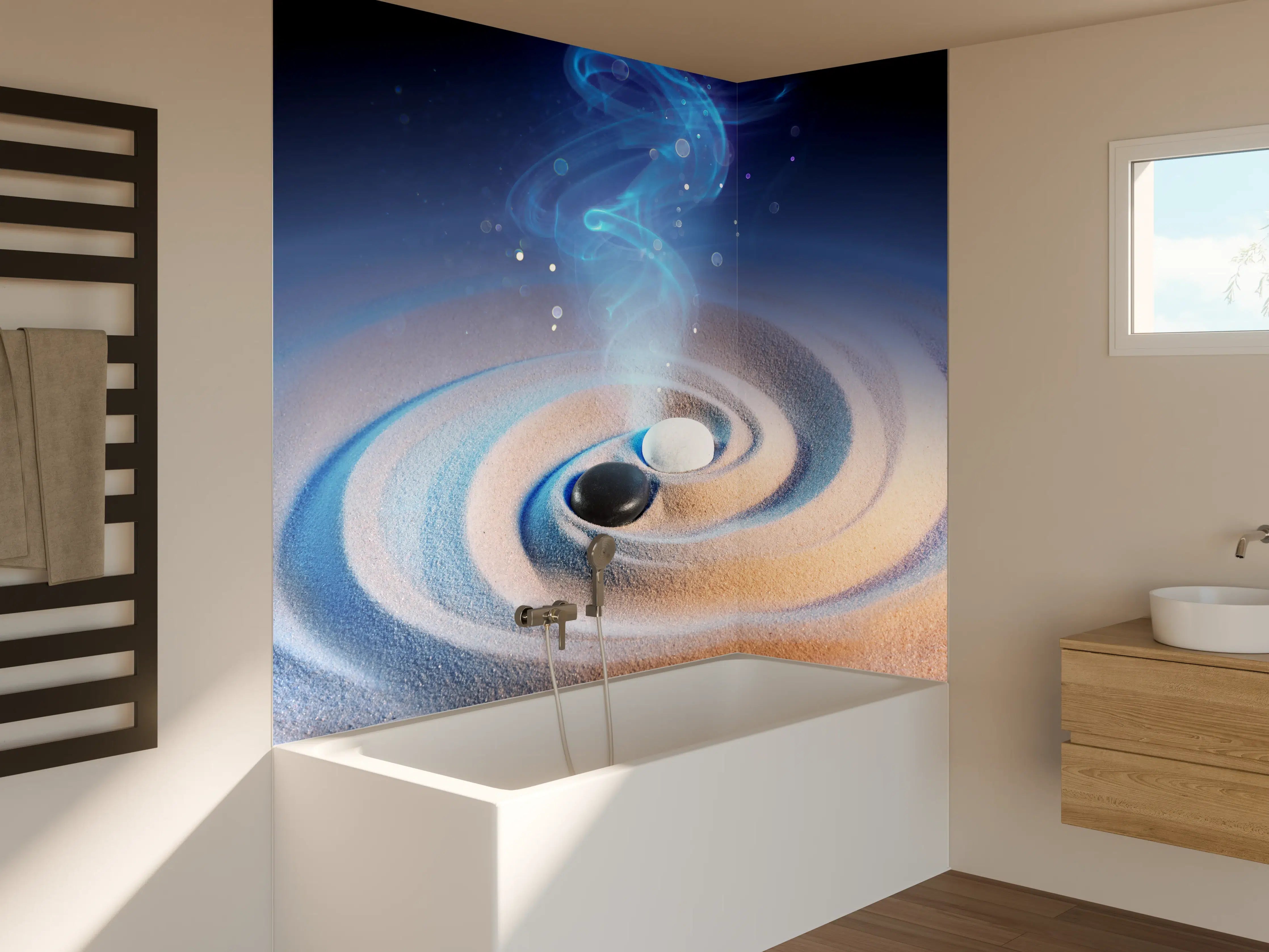 Badewannen-Rückwand - Yin und Yang Steine im Sand