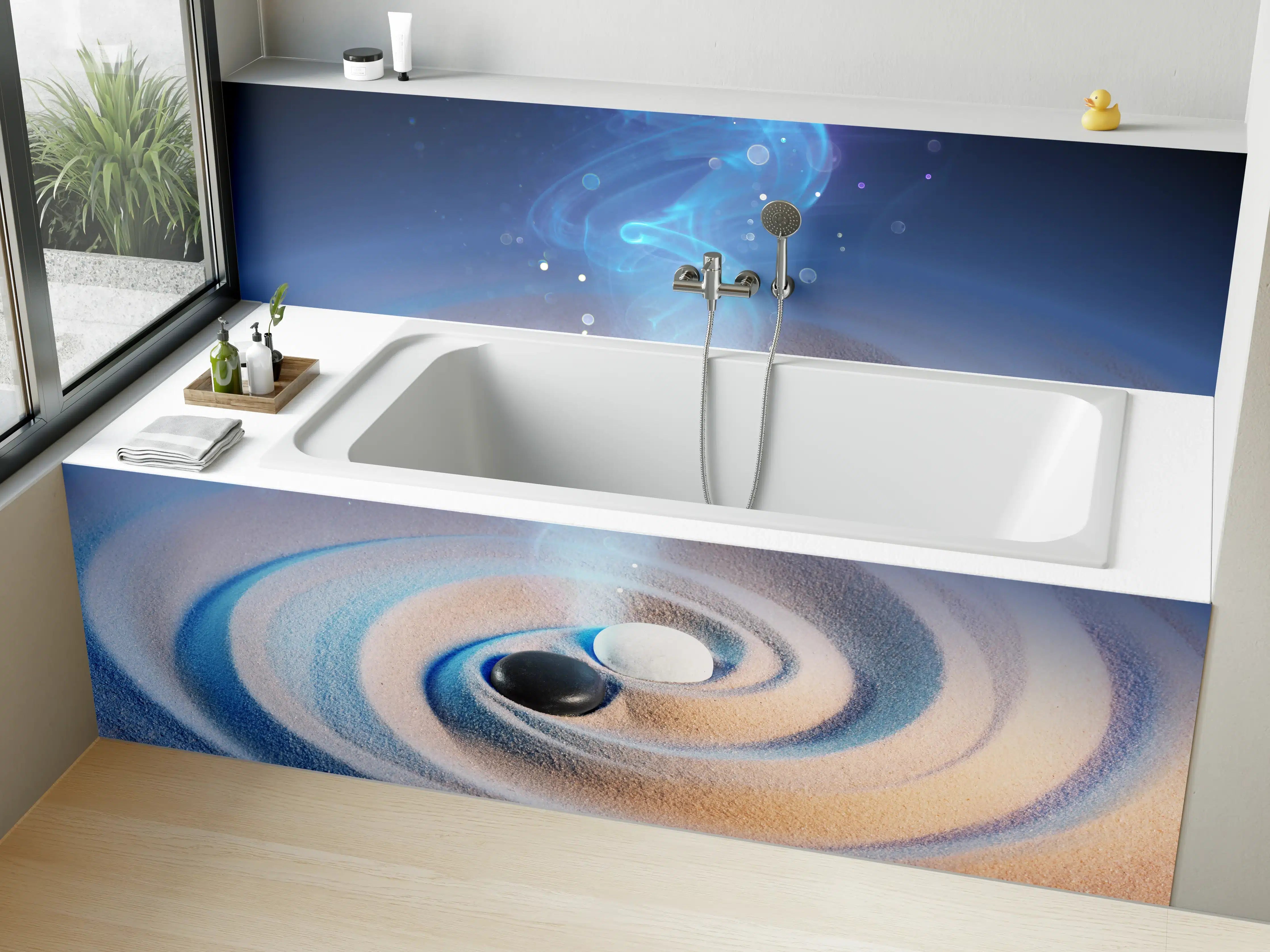 Badewannen-Rückwand - Yin und Yang Steine im Sand
