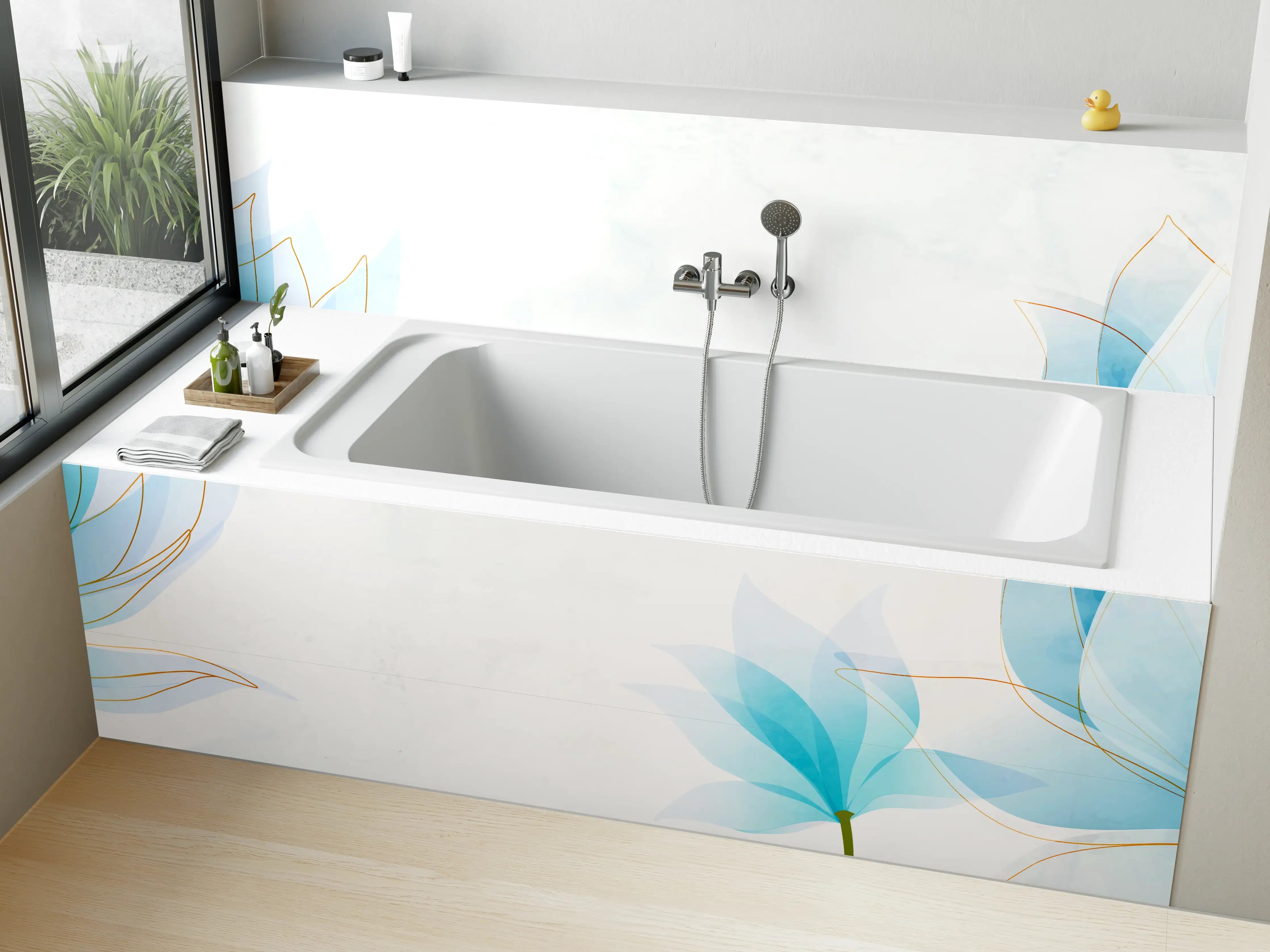 Badewannen-Rückwand - Zarte Blaue Blumen Illustration