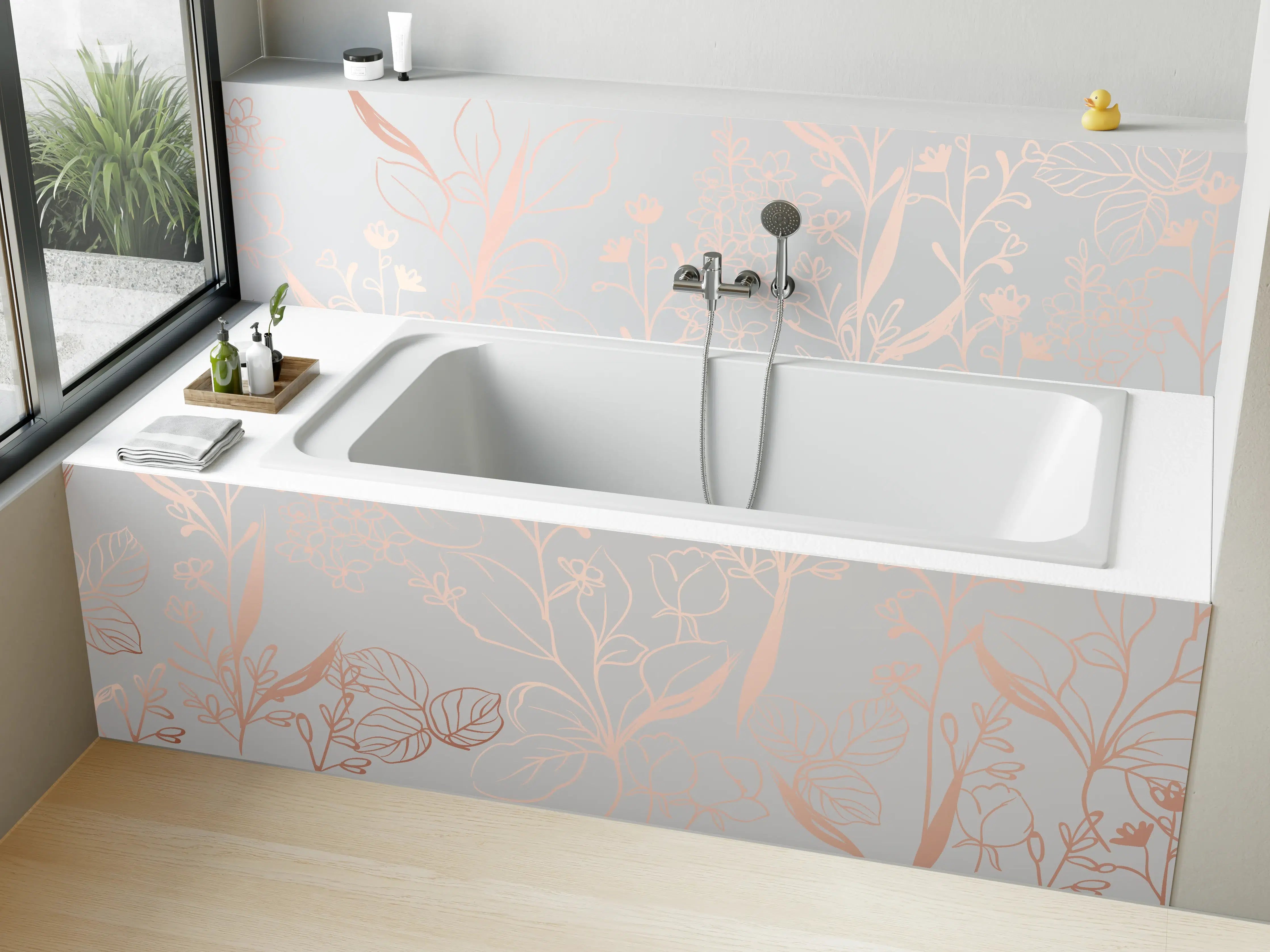 Badewannen-Rückwand - Zarte Blütenillustration Beige-Rosa