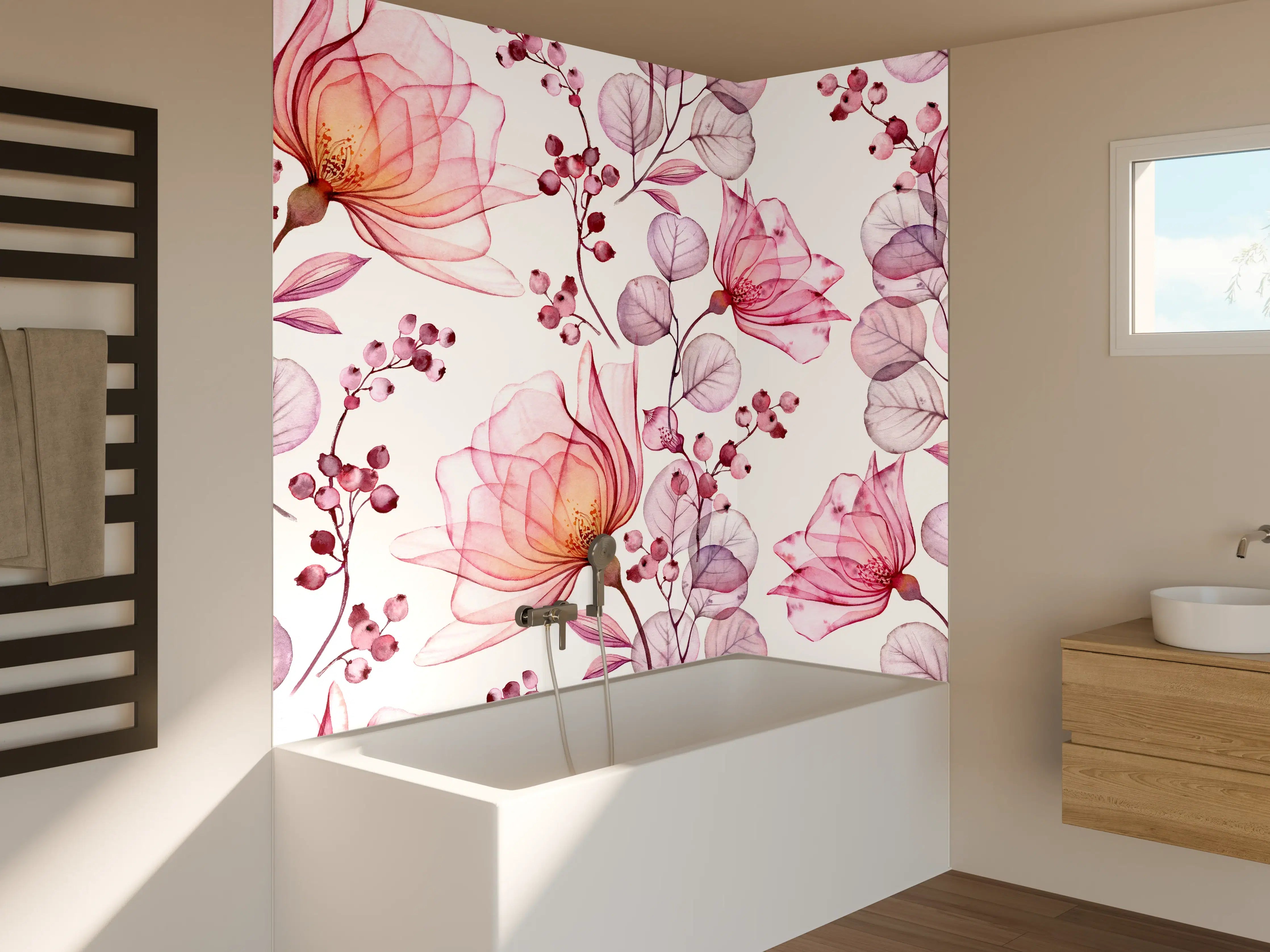 Badewannen-Rückwand - Zarte Blumen mit Pink- und Lilatönen
