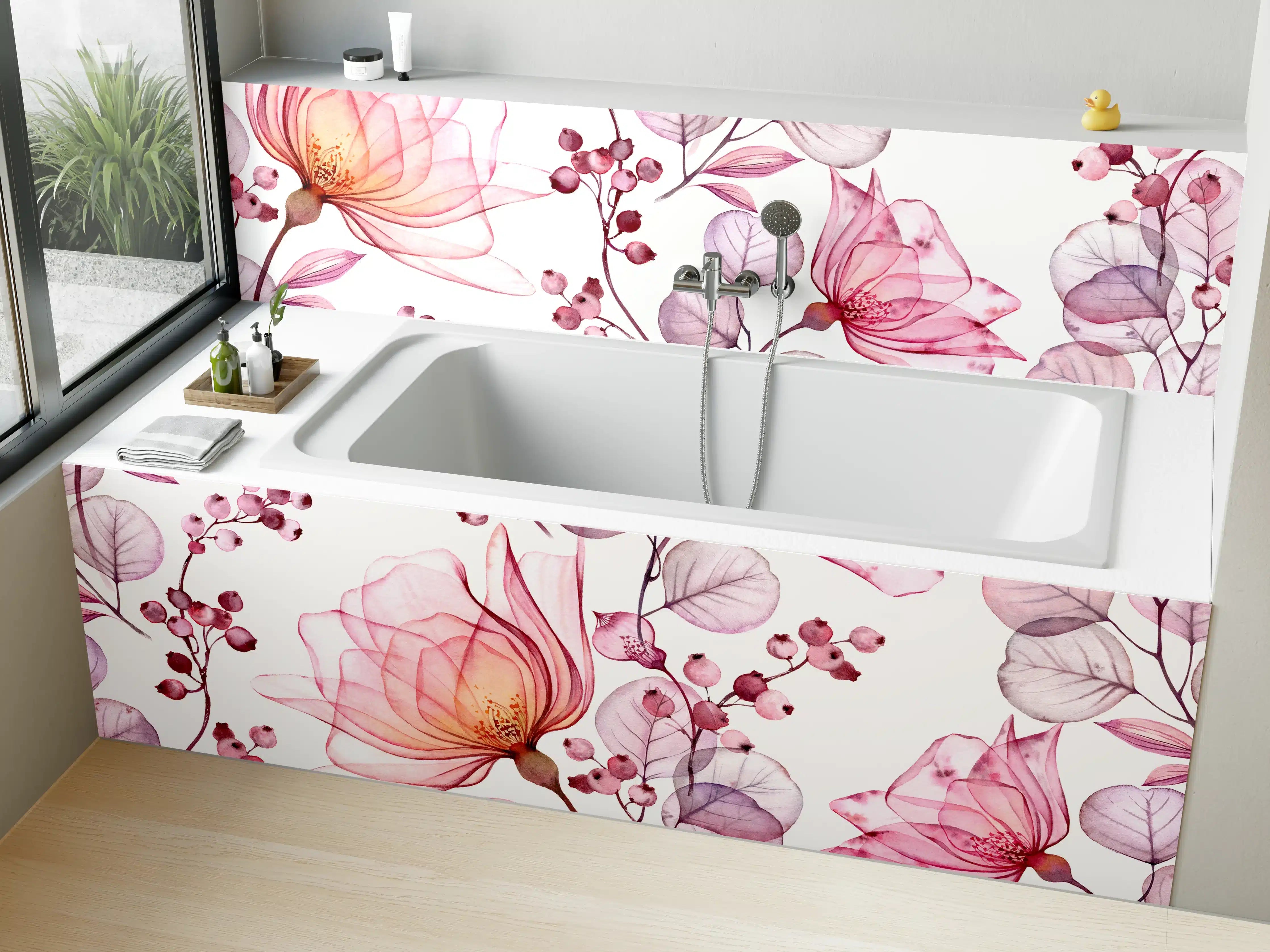 Badewannen-Rückwand - Zarte Blumen mit Pink- und Lilatönen