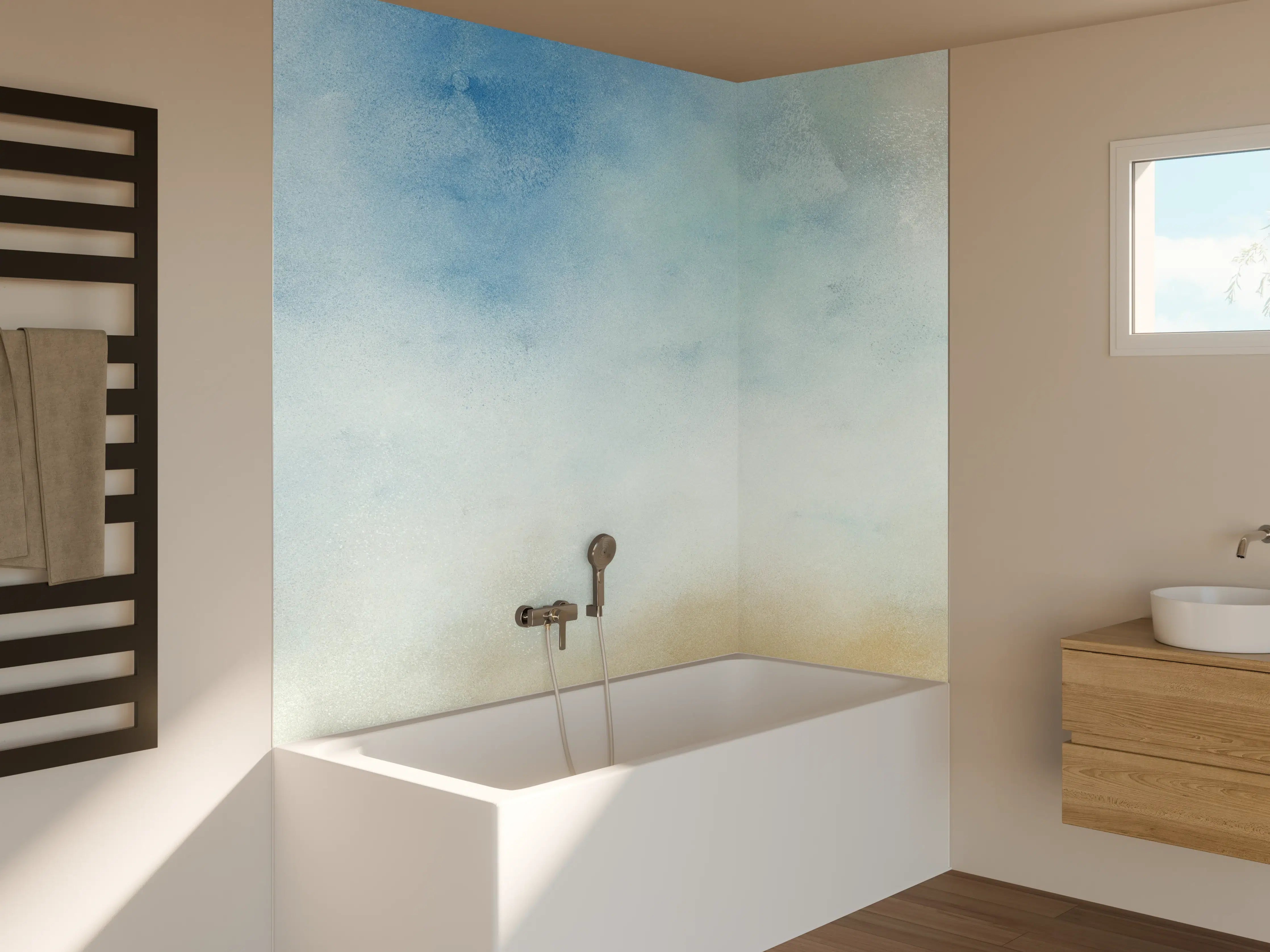 Badewannen-Rückwand - Zarte Graublau-Töne im Himmel