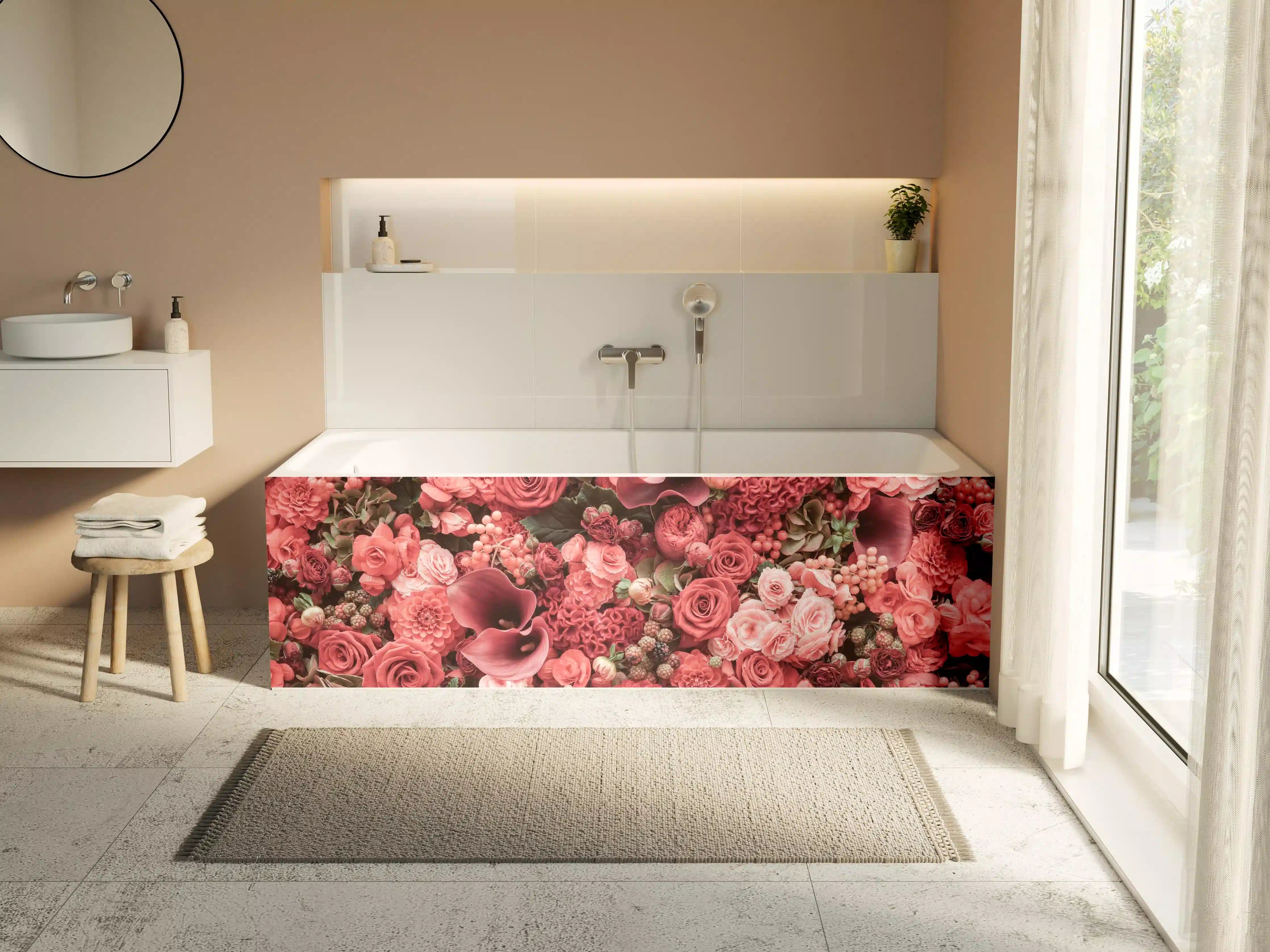Badewannen-Rückwand - Zarte Grautöne in Pinkblüten