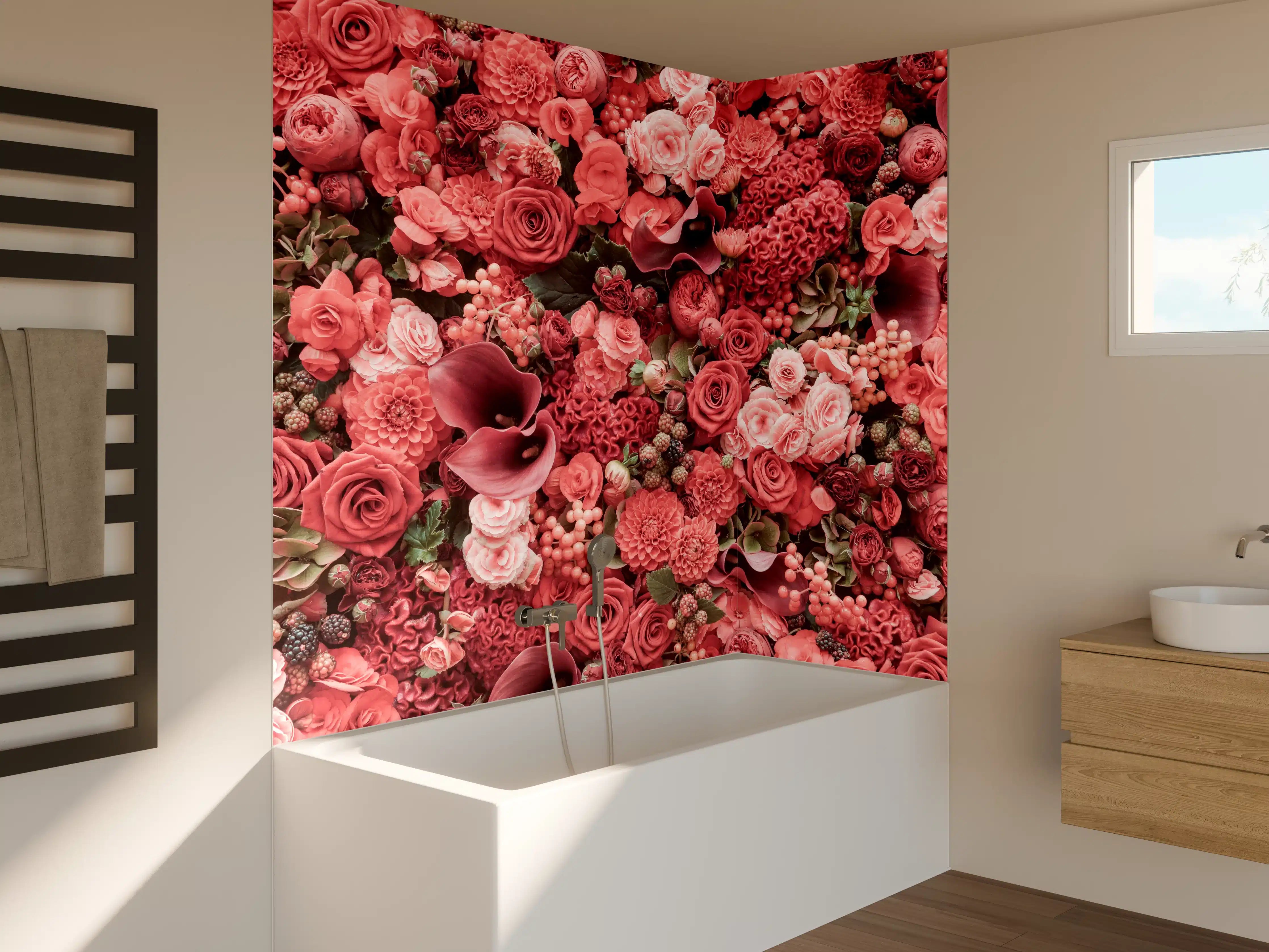 Badewannen-Rückwand - Zarte Grautöne in Pinkblüten