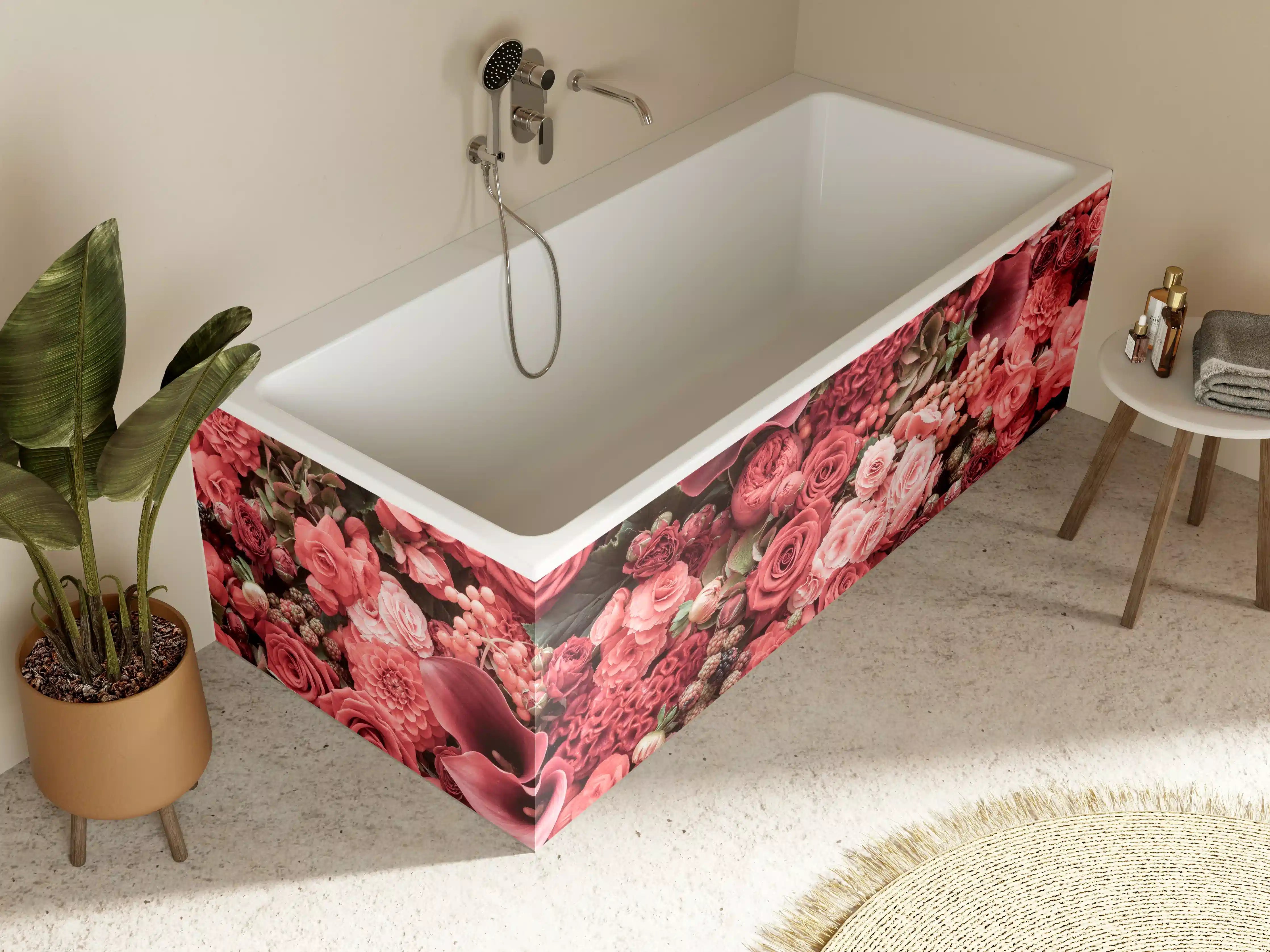 Badewannen-Rückwand - Zarte Grautöne in Pinkblüten