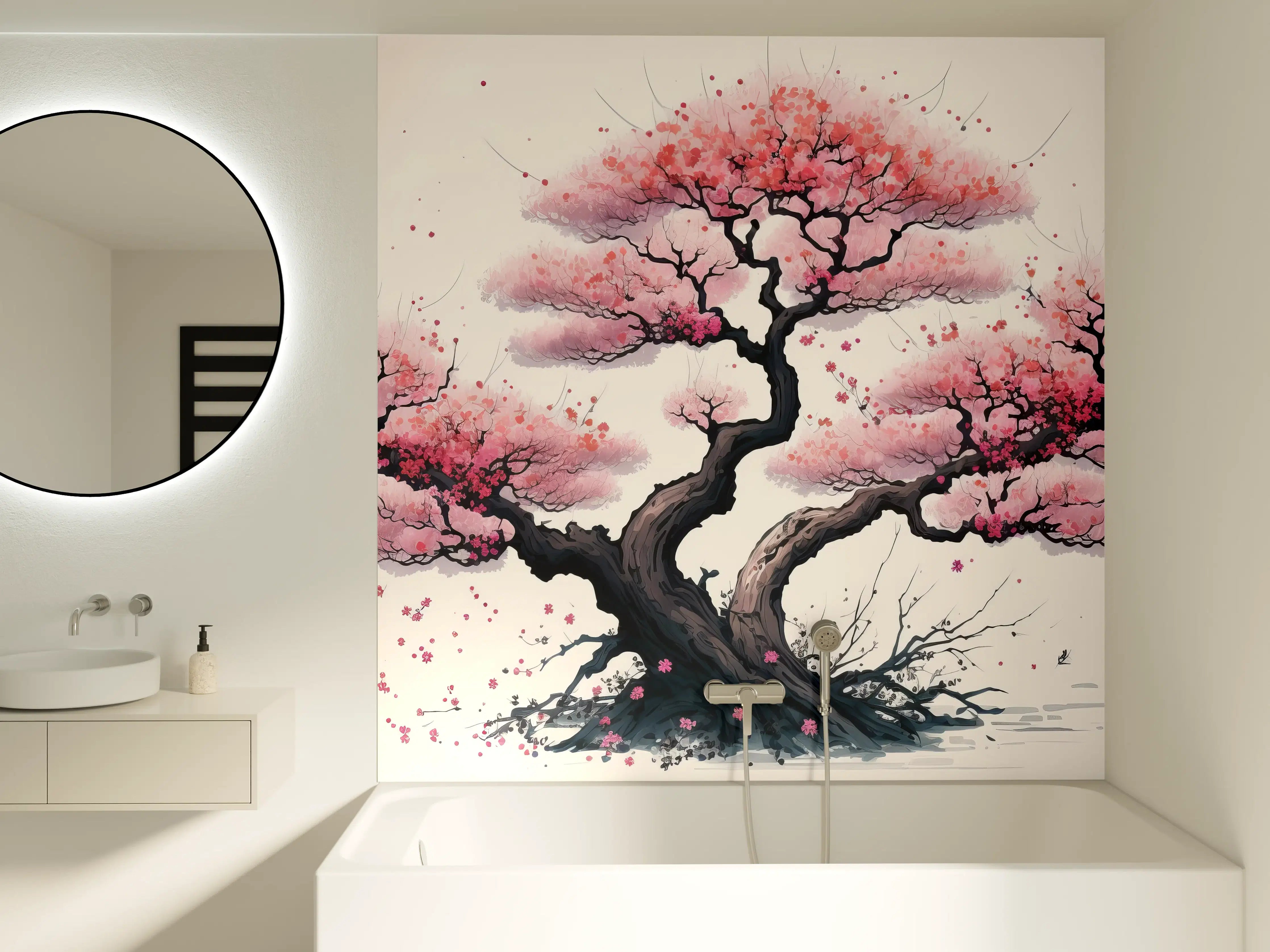 Badewannen-Rückwand - Zarte Kirschblüten in Grauweiß: Aquarellmalerei