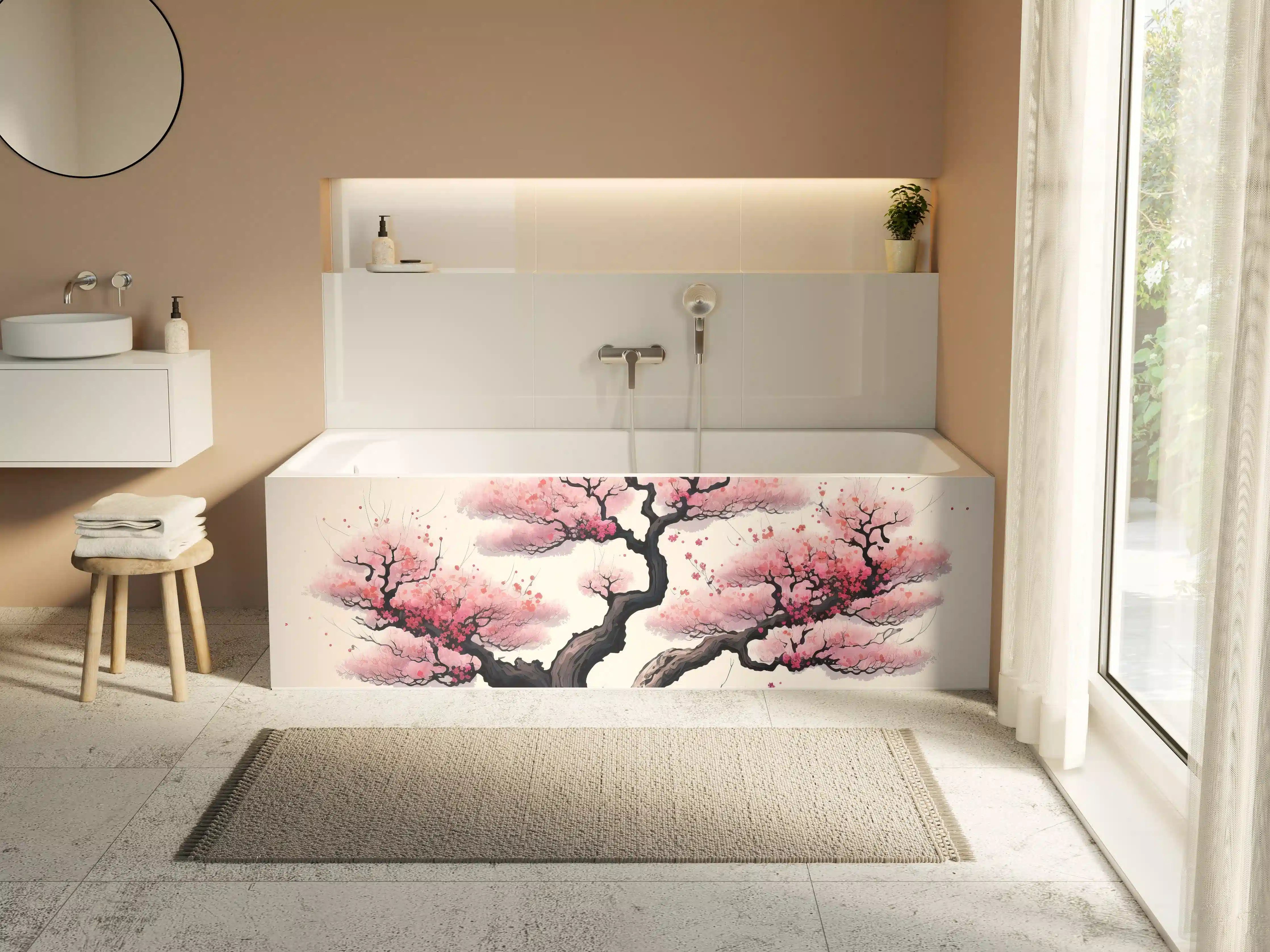 Badewannen-Rückwand - Zarte Kirschblüten in Grauweiß: Aquarellmalerei