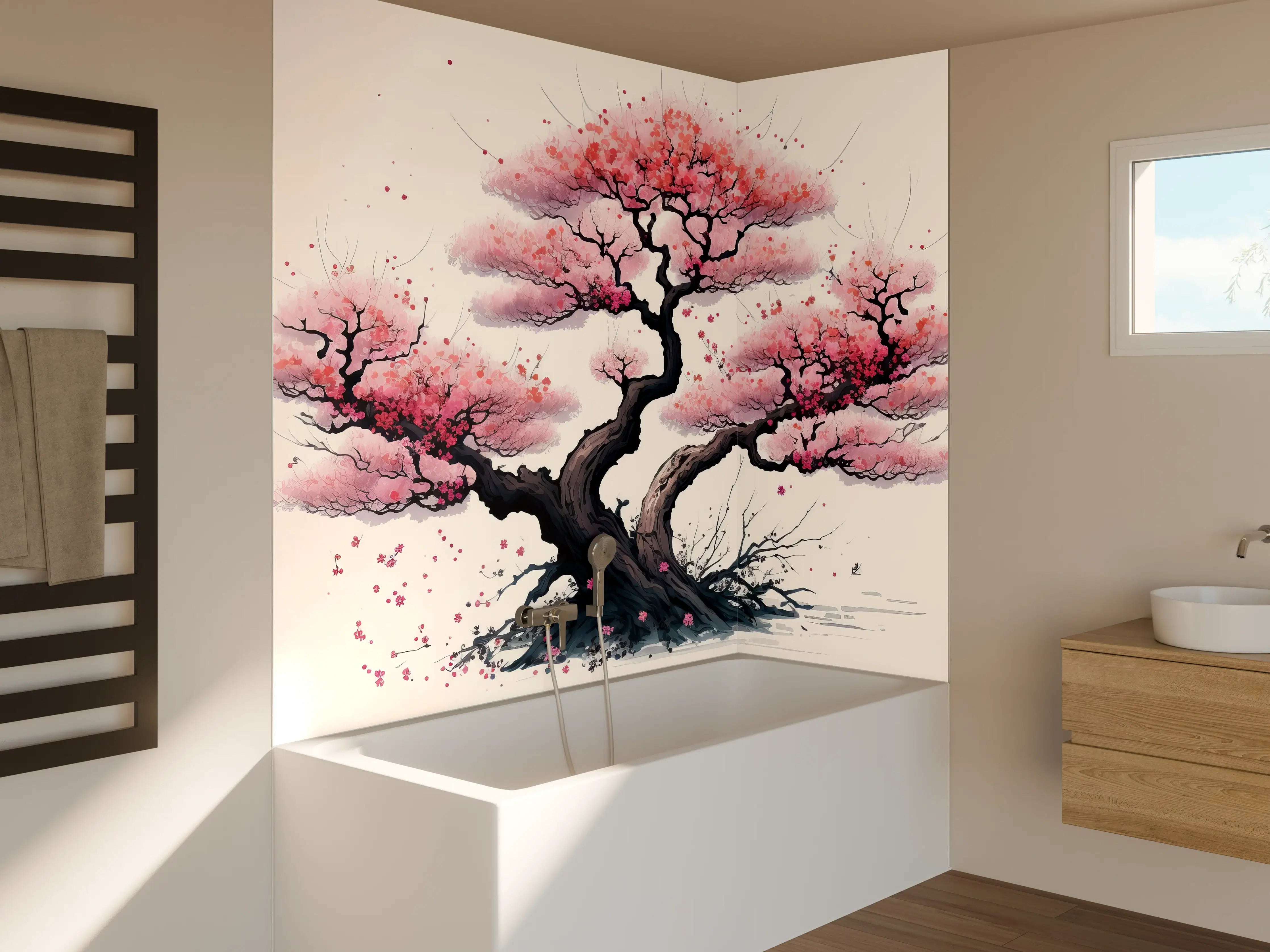 Badewannen-Rückwand - Zarte Kirschblüten in Grauweiß: Aquarellmalerei