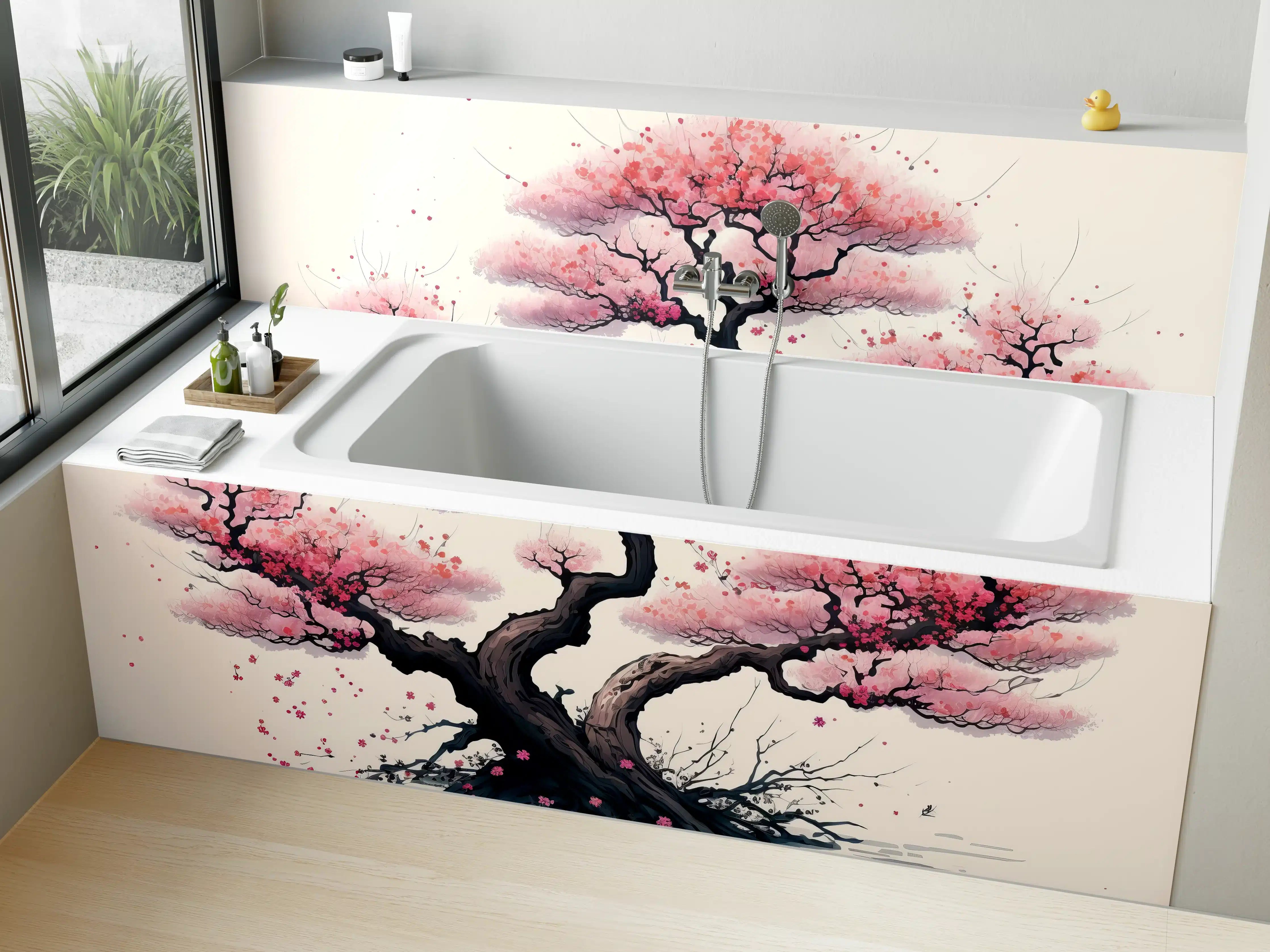Badewannen-Rückwand - Zarte Kirschblüten in Grauweiß: Aquarellmalerei