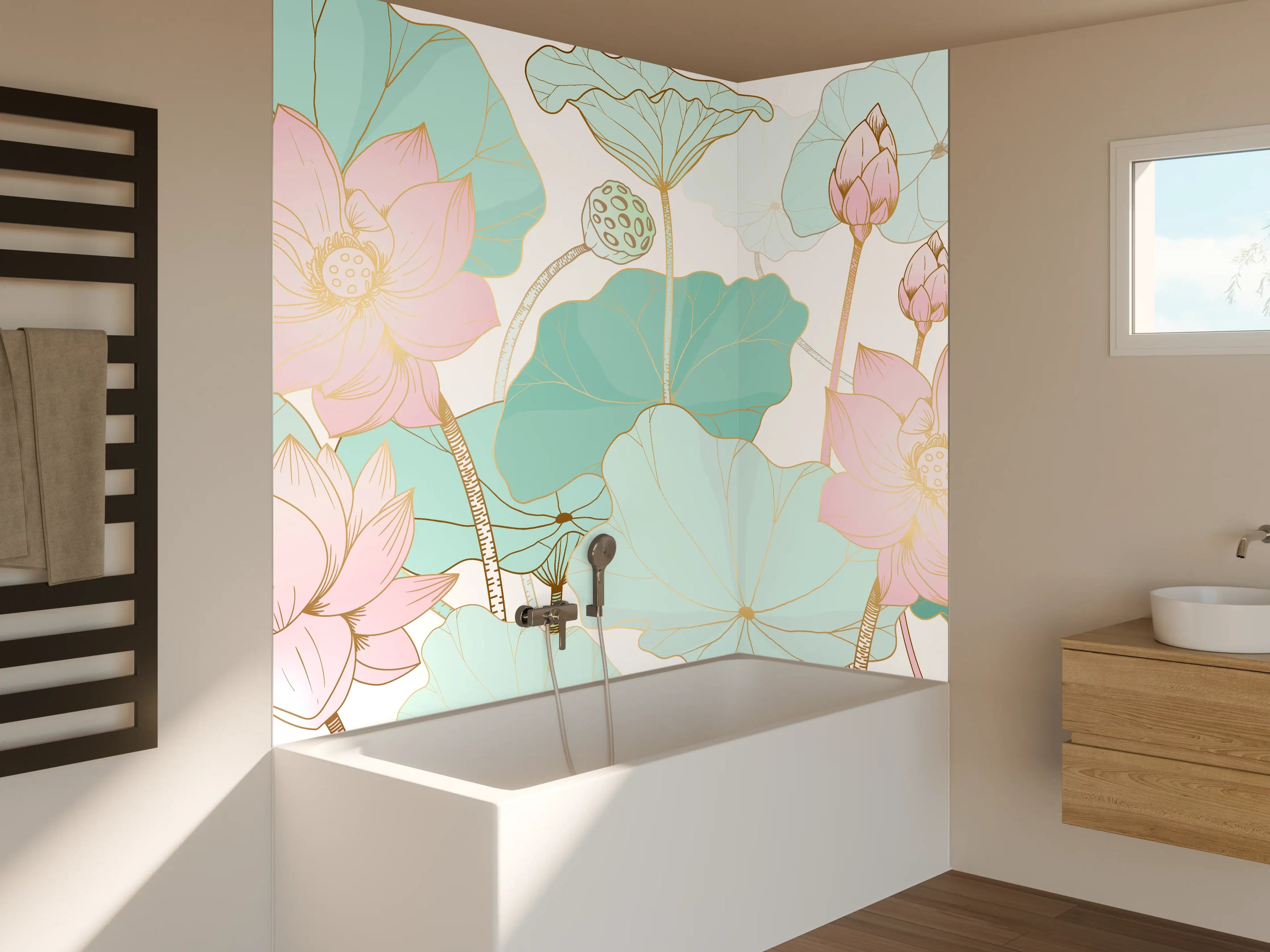 Badewannen-Rückwand - Zarte Lotusblüten Pastellfarben