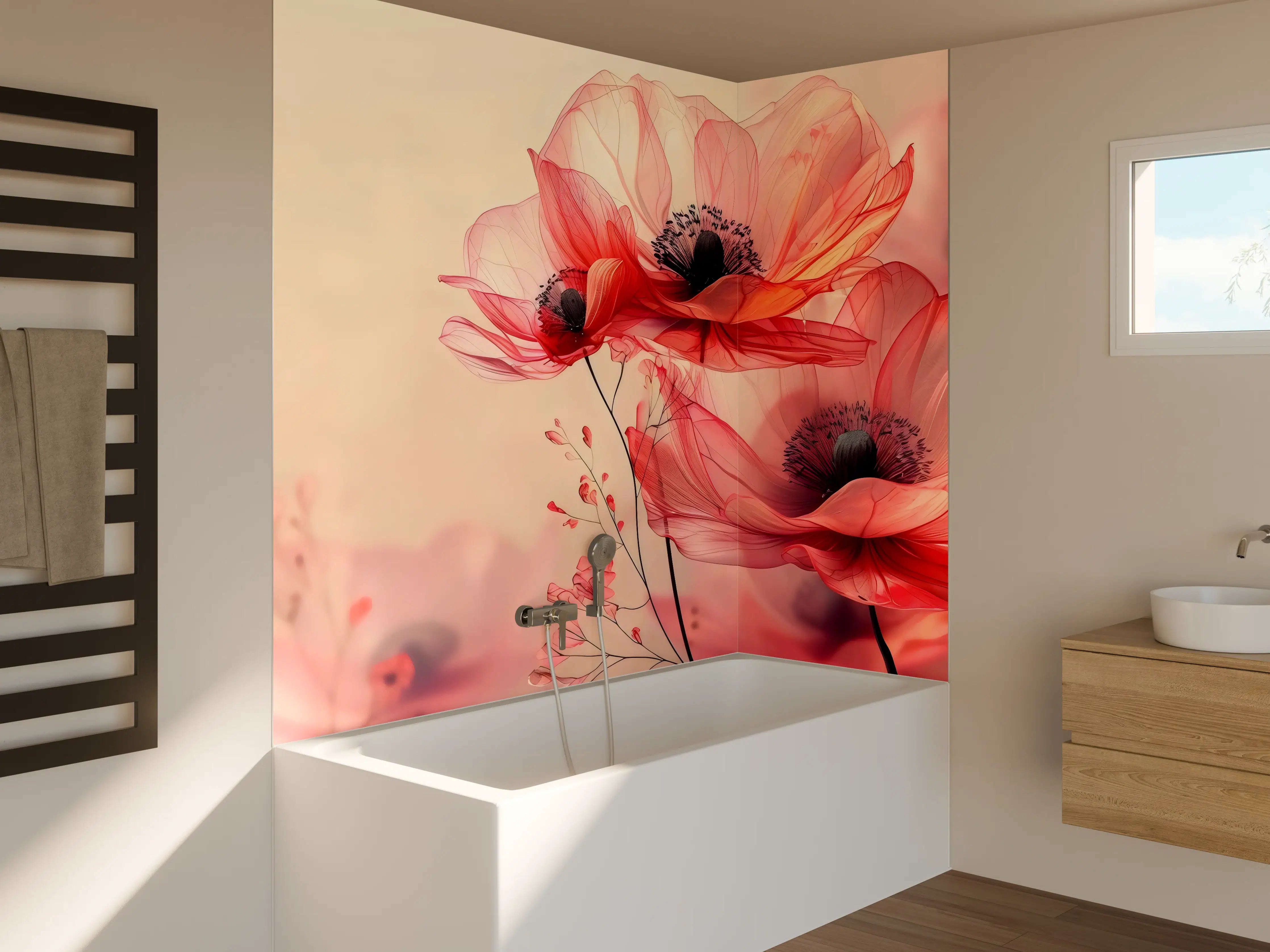 Badewannen-Rückwand - Zarte Mohnblüten in Rosa