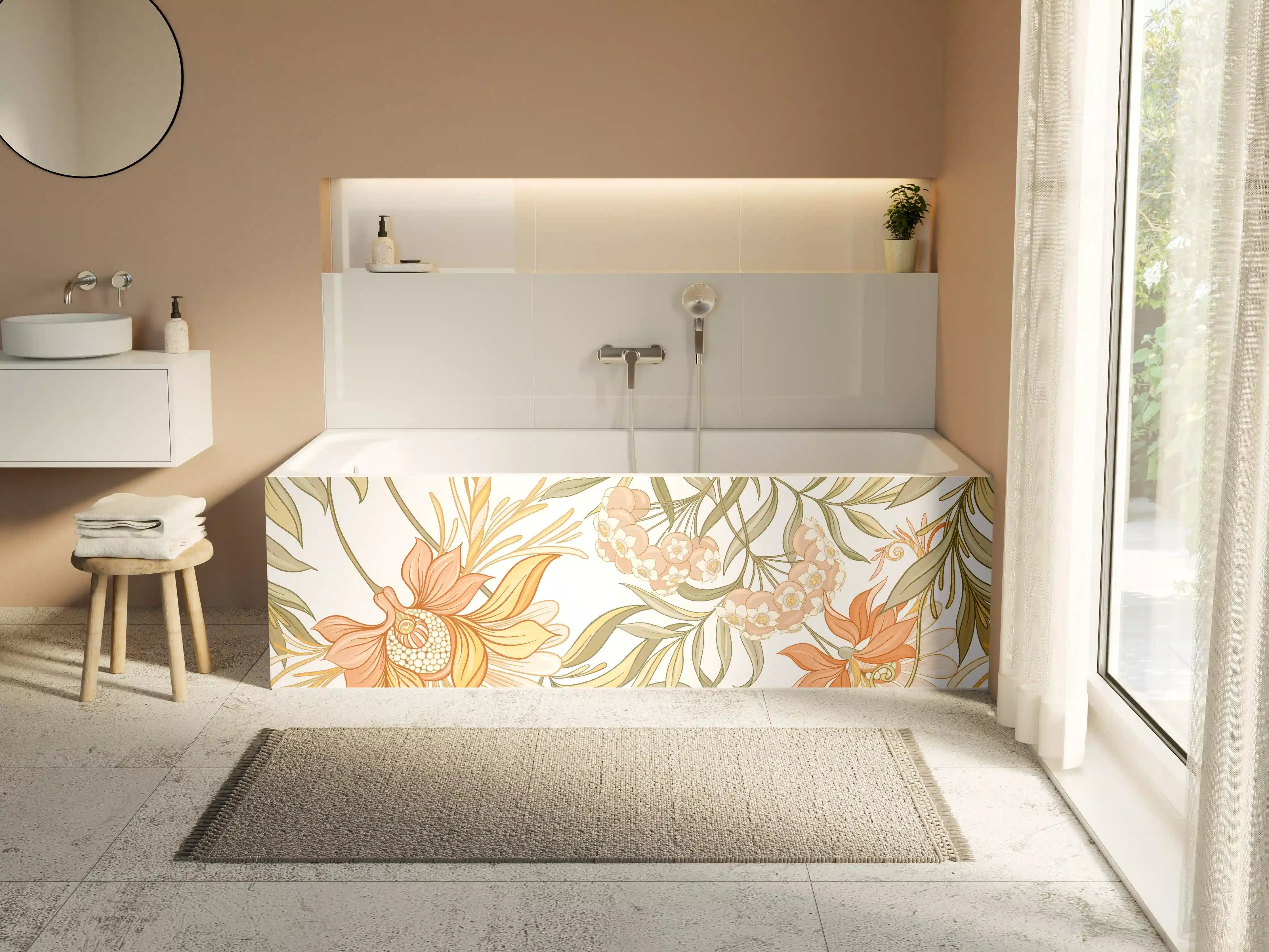 Badewannen-Rückwand - Zarte Pastellblüten mit dezenten Grautönen