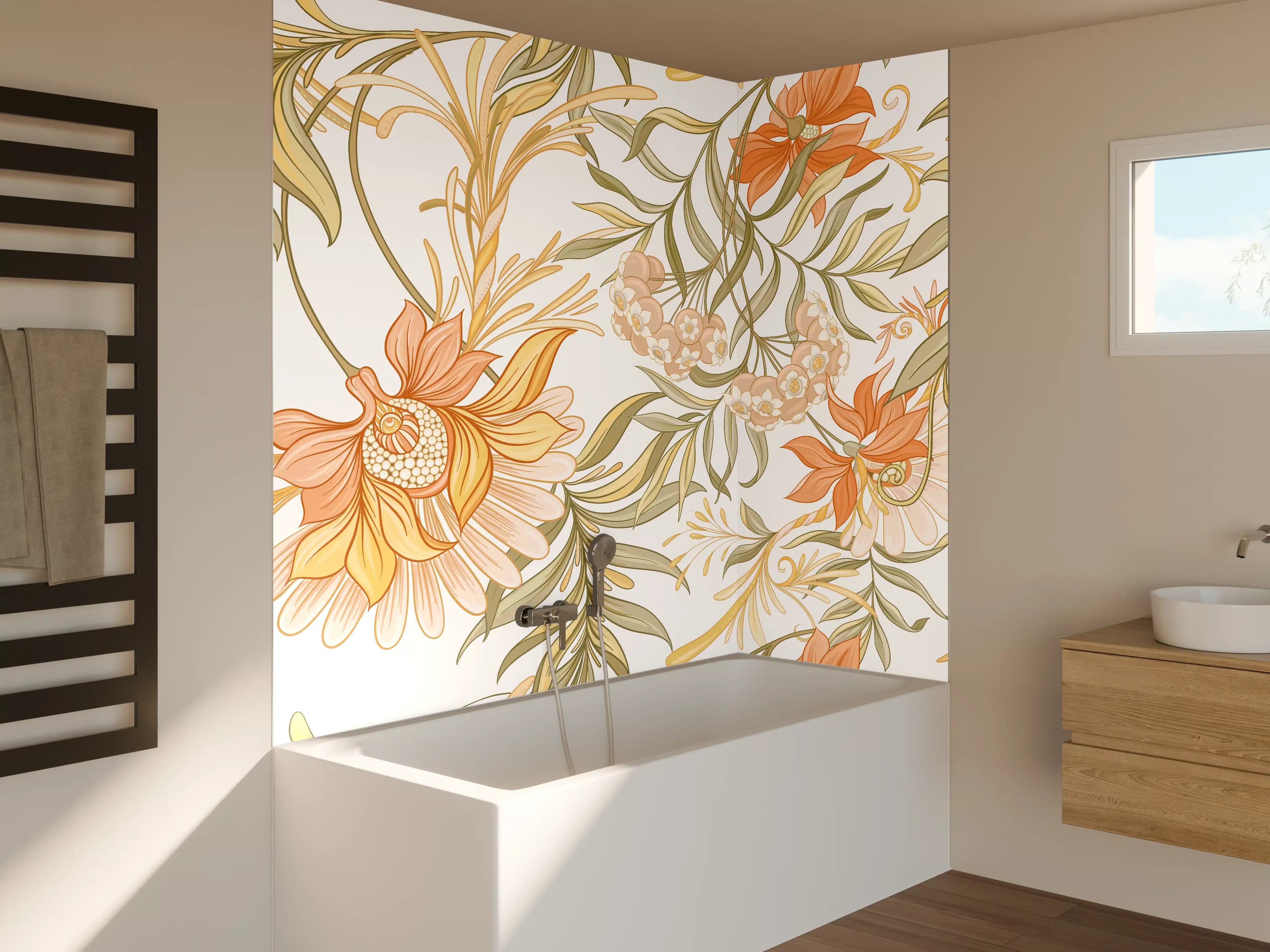 Badewannen-Rückwand - Zarte Pastellblüten mit dezenten Grautönen