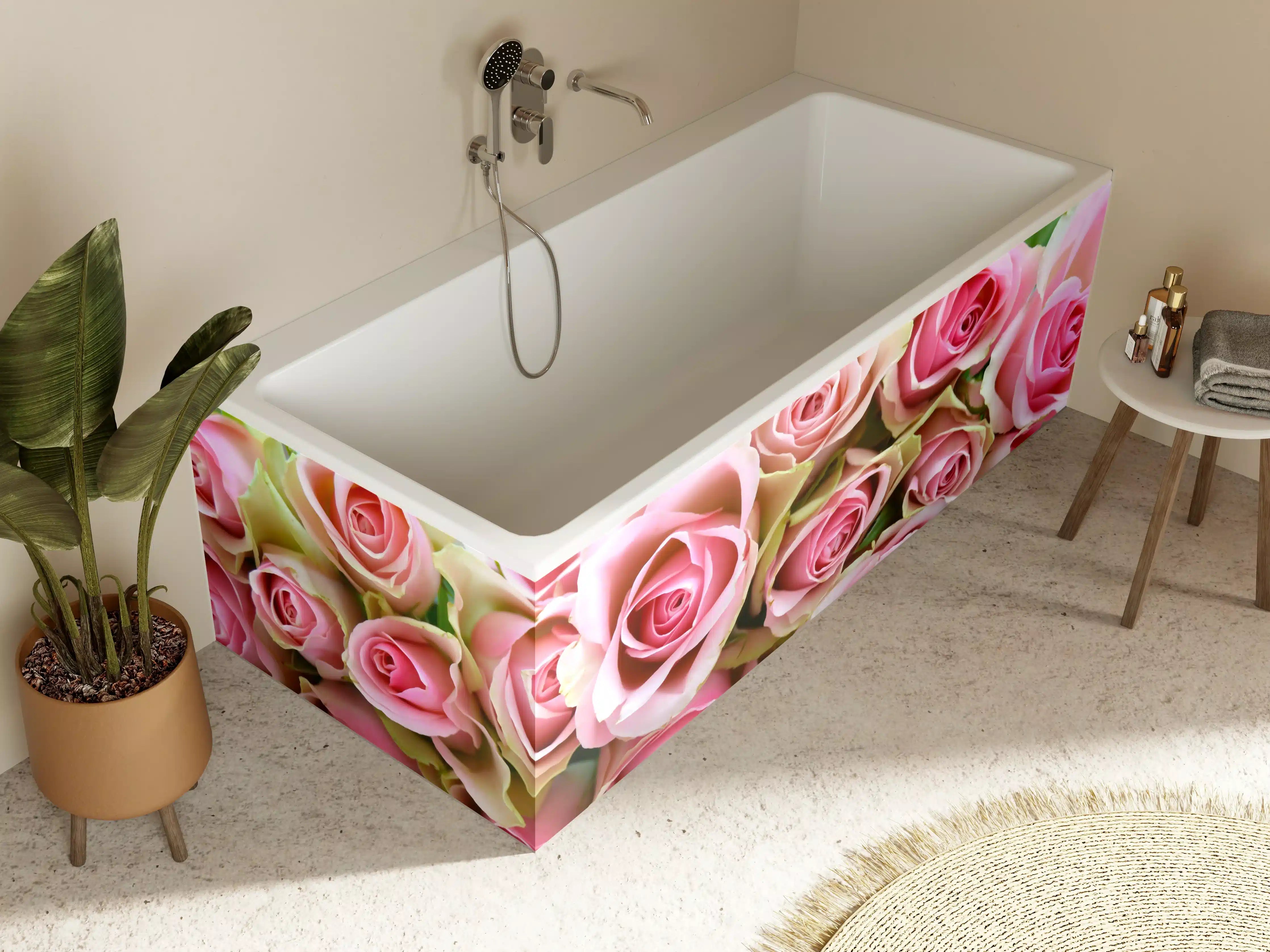 Badewannen-Rückwand - Zarte pinke Rosen in Hüllblättern