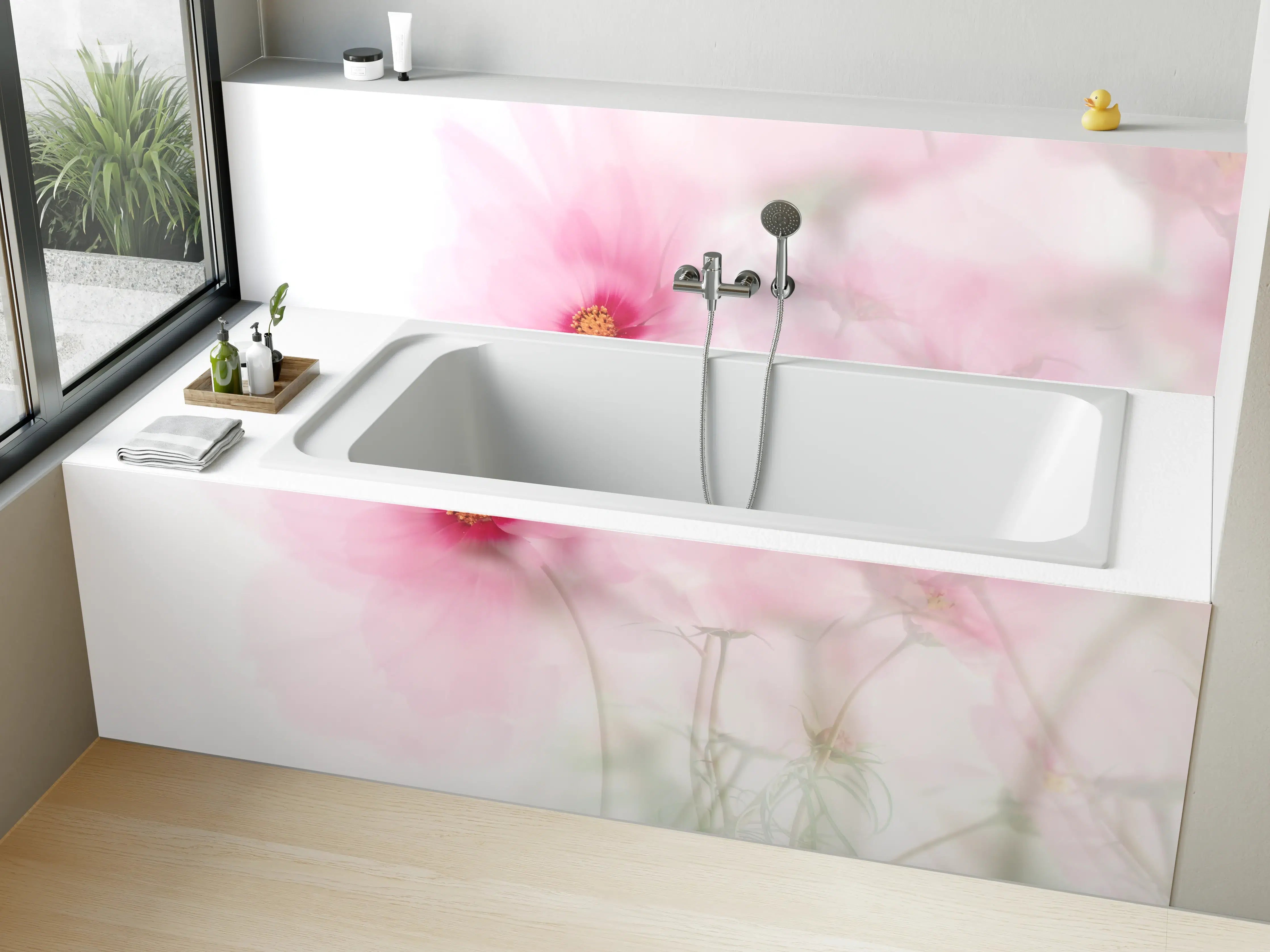 Badewannen-Rückwand - Zarte rosa Blüte mit weichem Hintergrund