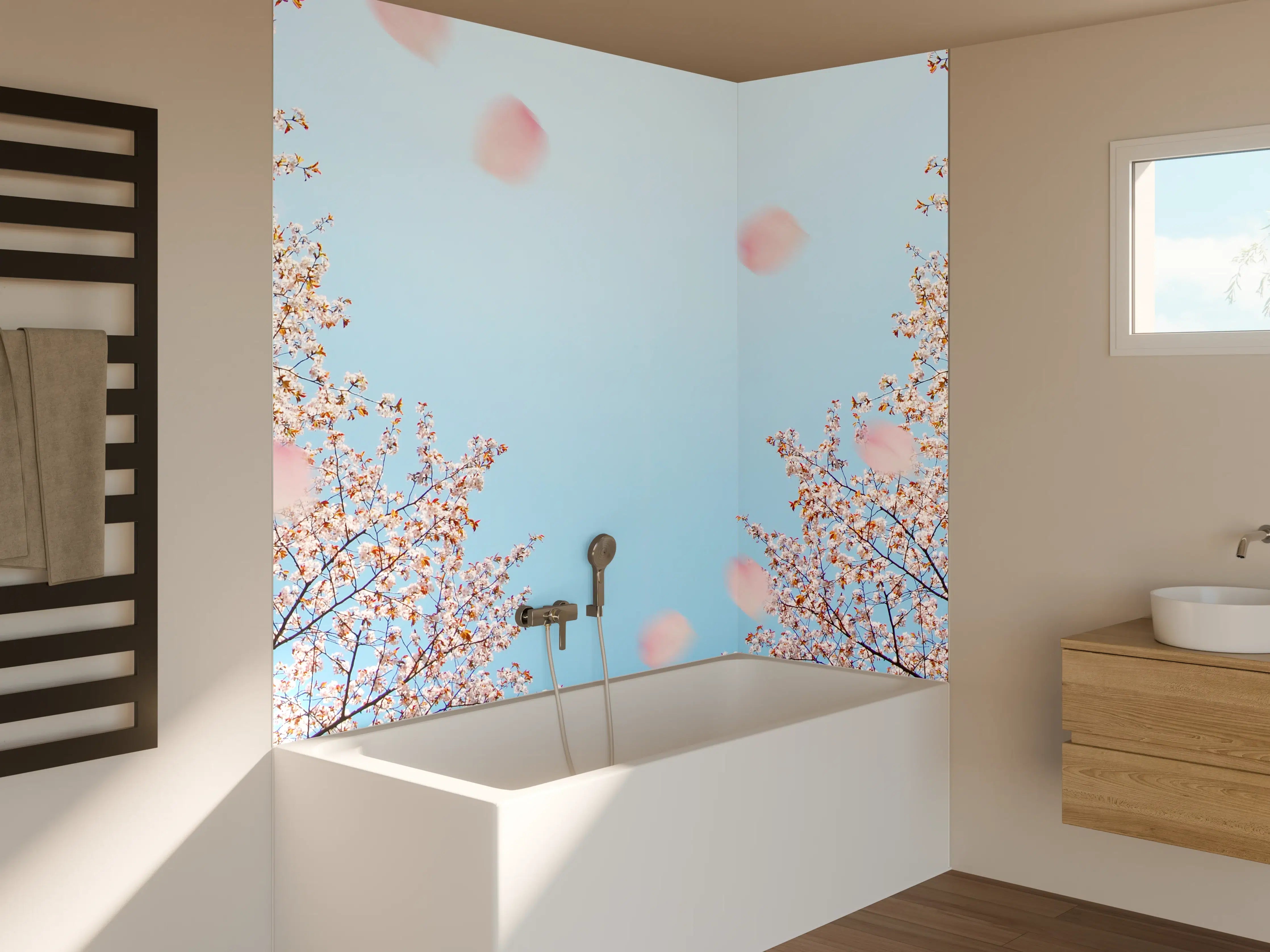 Badewannen-Rückwand - Zarter Frühlingshimmel mit blühenden Bäumen