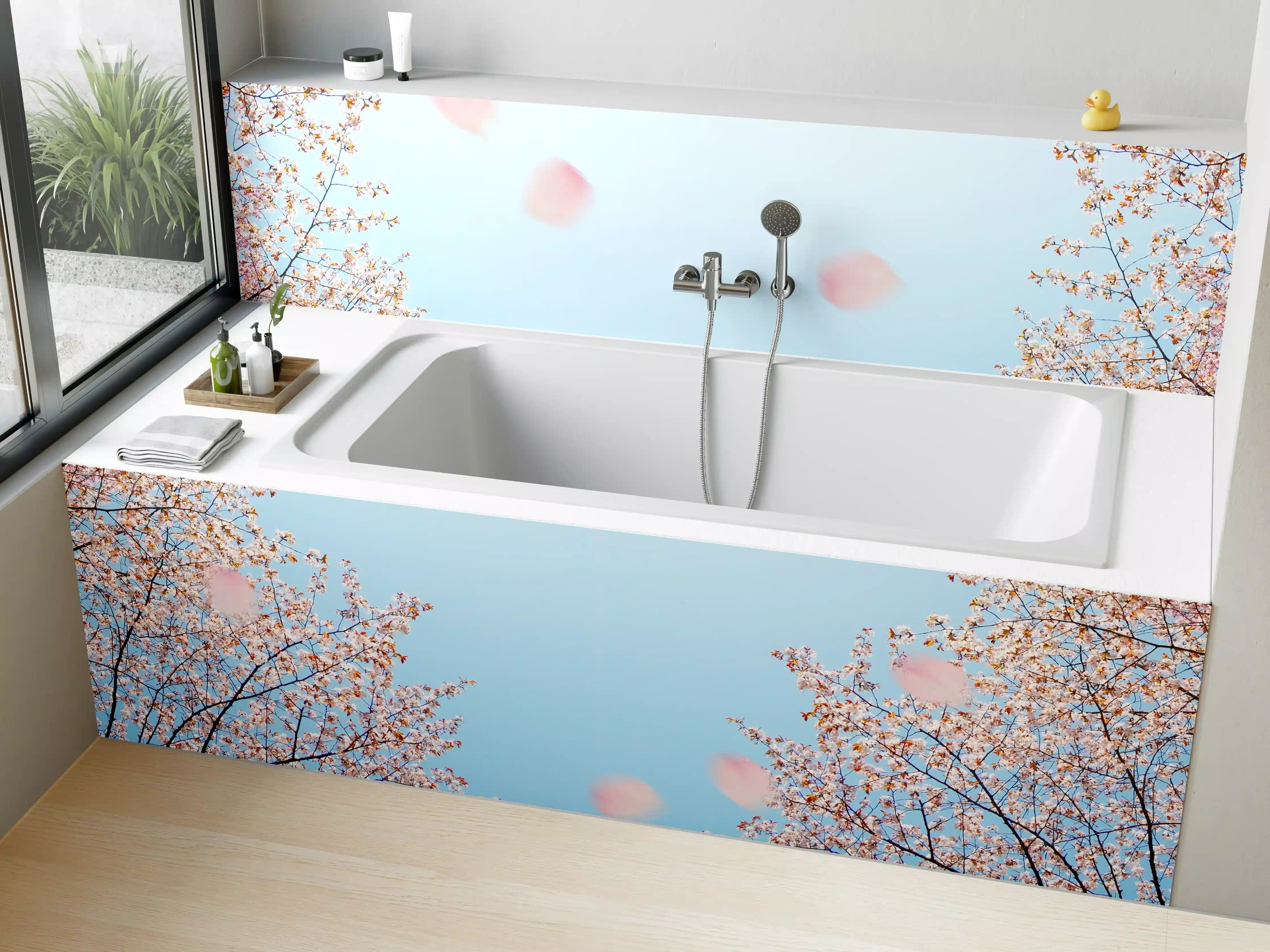 Badewannen-Rückwand - Zarter Frühlingshimmel mit blühenden Bäumen