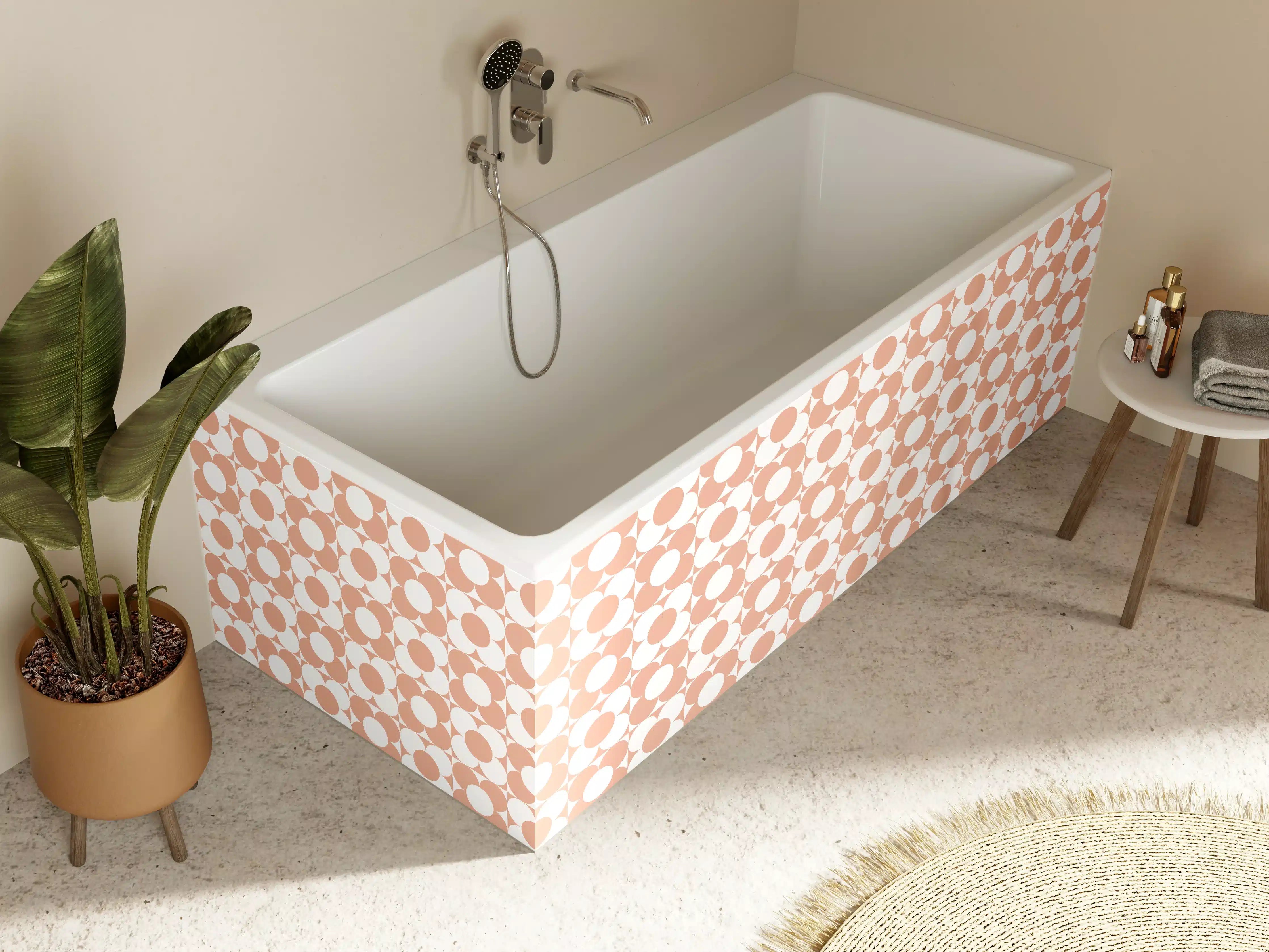 Badewannen-Rückwand - Zartes peachfarbenes geometrisches Muster mit weißen Akzenten