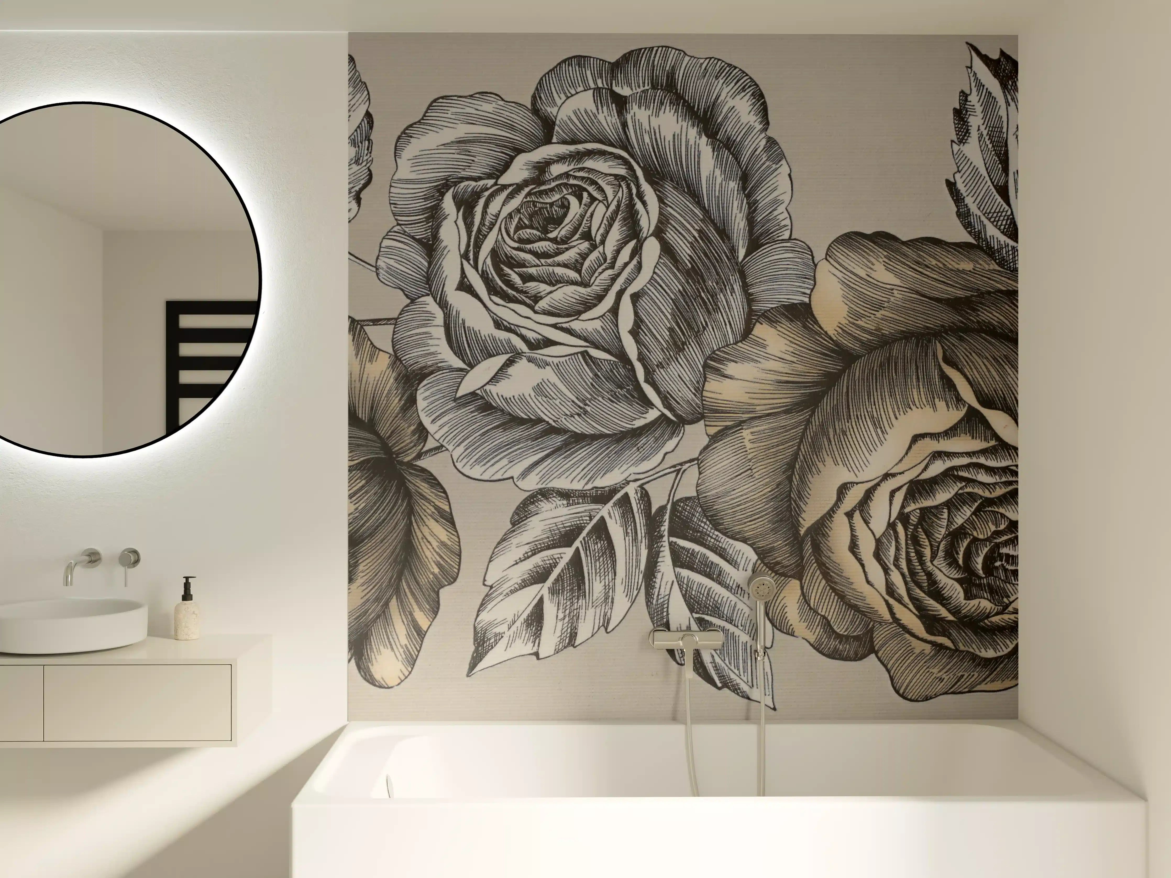 Badewannen-Rückwand - Zeichnung Monochrome Rosen