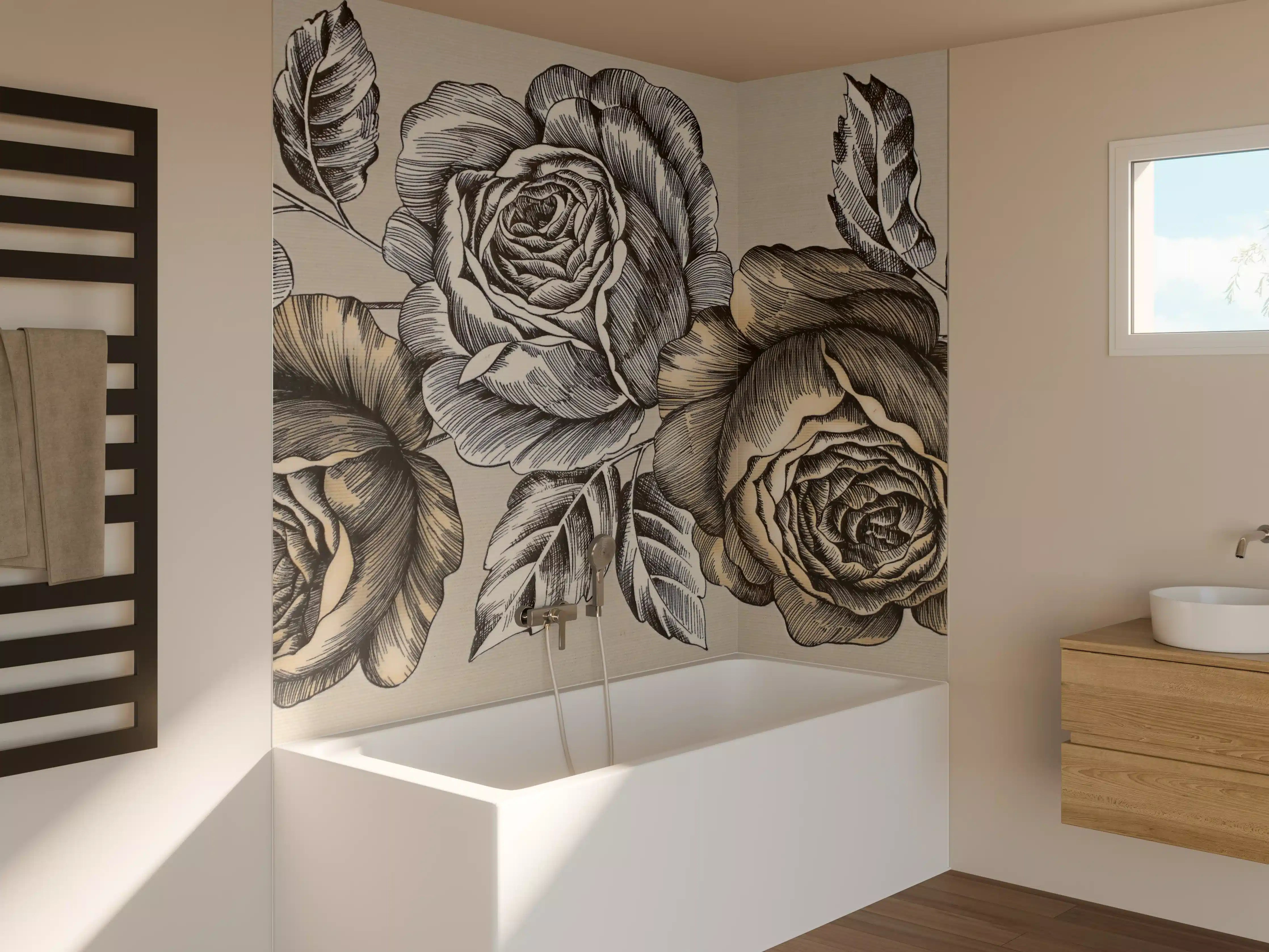 Badewannen-Rückwand - Zeichnung Monochrome Rosen