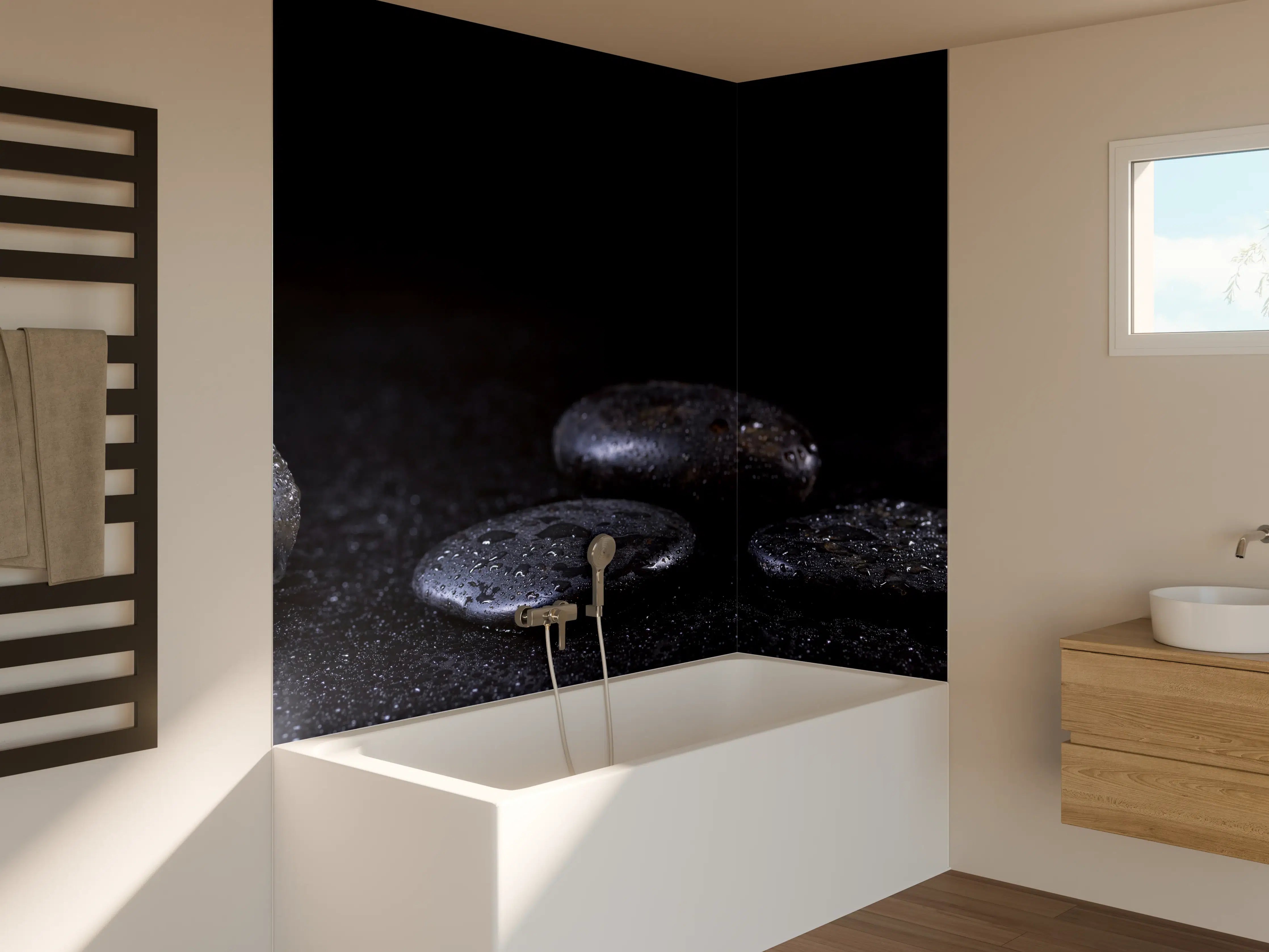 Badewannen-Rückwand - Zen - Schwarze Steine