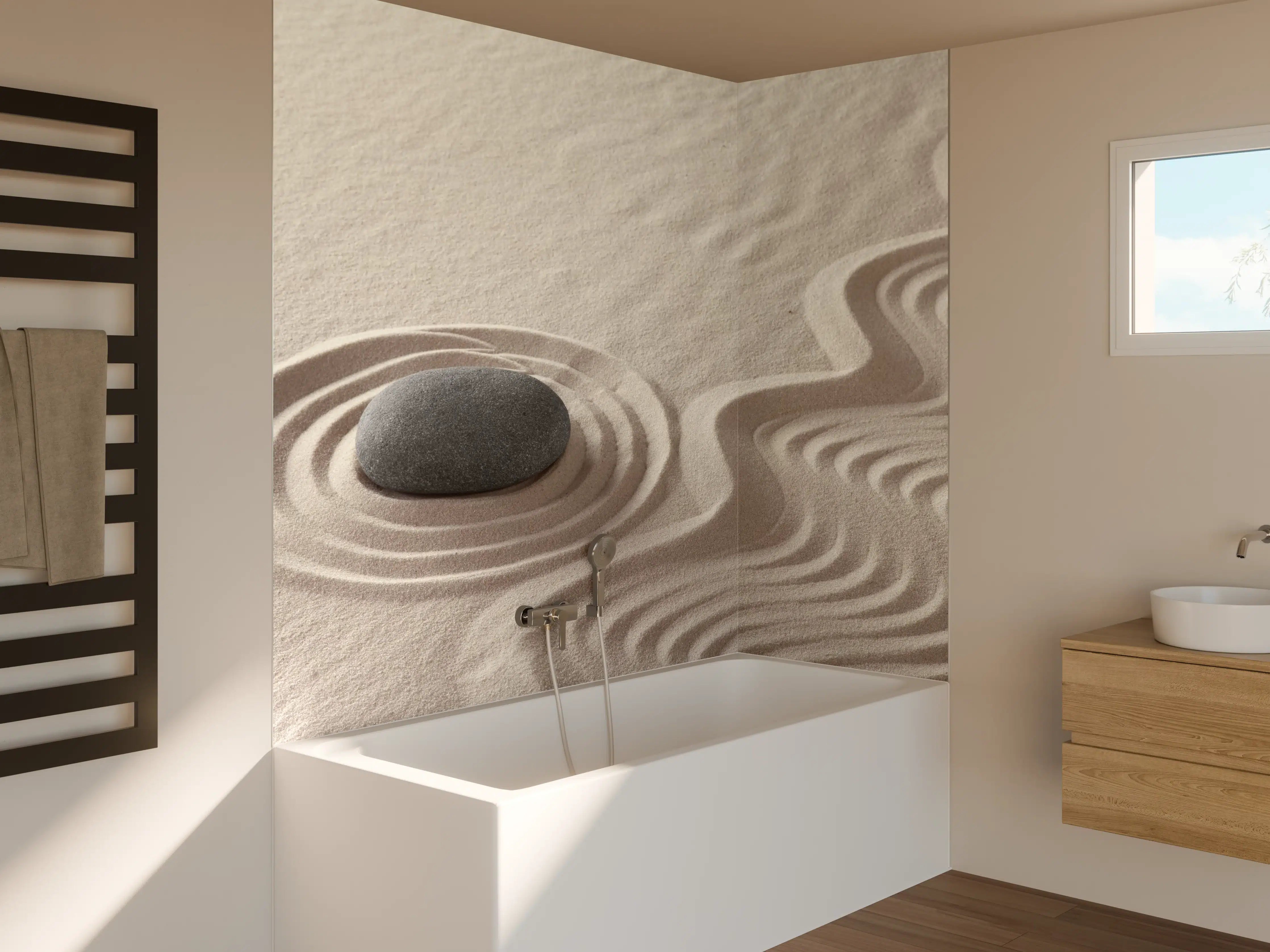 Badewannen-Rückwand - Zen-Garten Stein auf Weiß