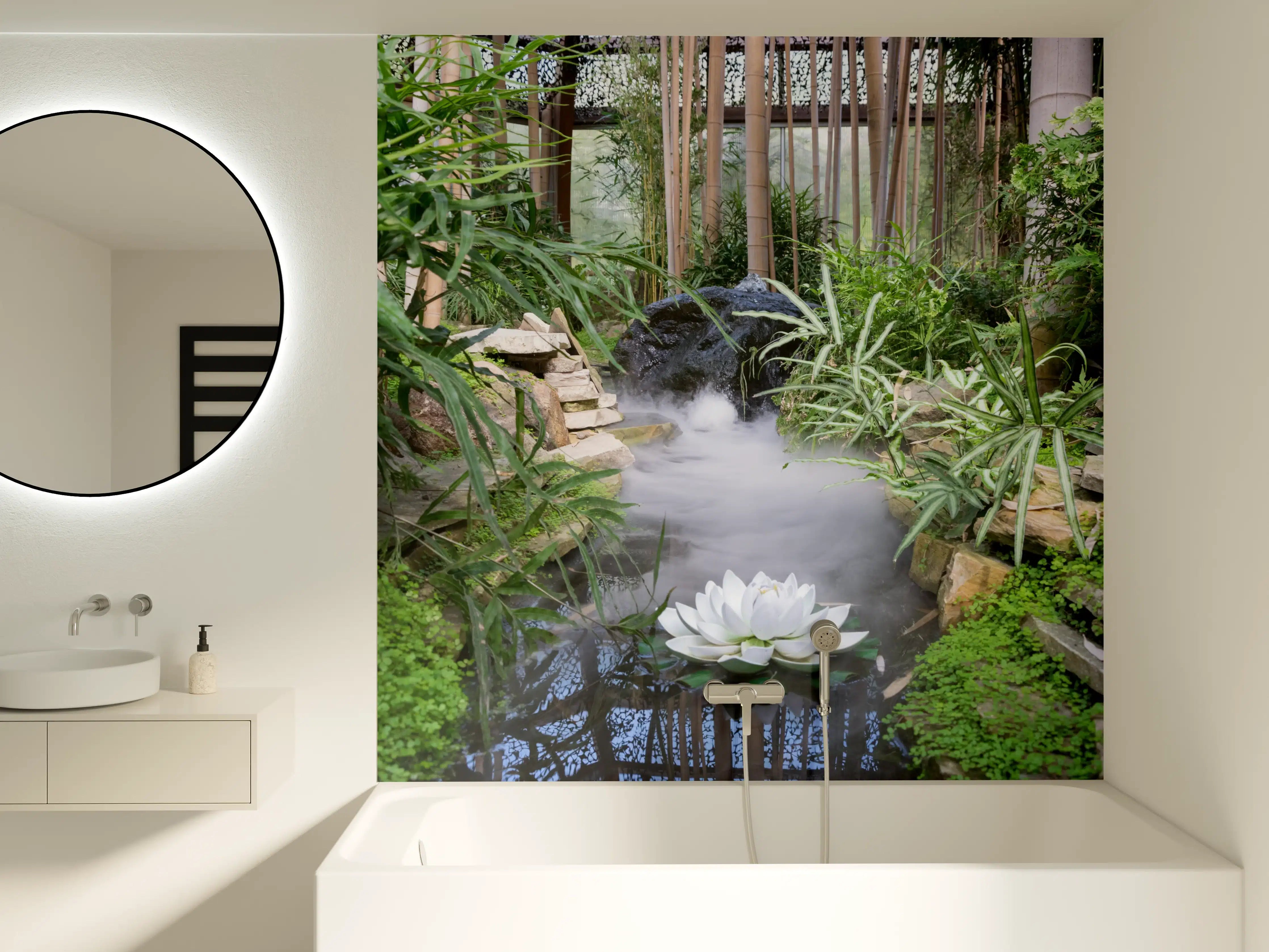 Badewannen-Rückwand - Zen-Garten mit weißer Seerose