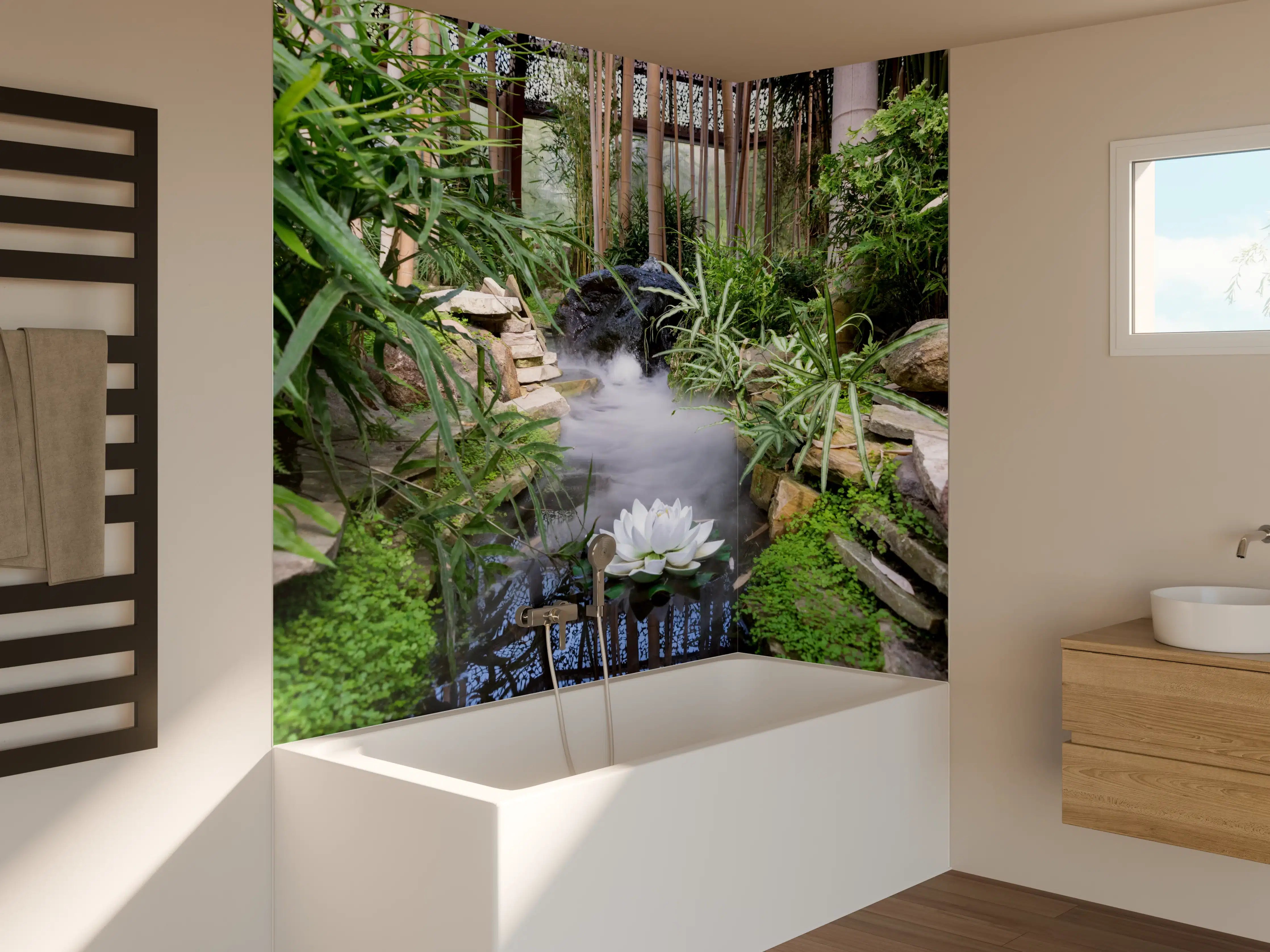 Badewannen-Rückwand - Zen-Garten mit weißer Seerose