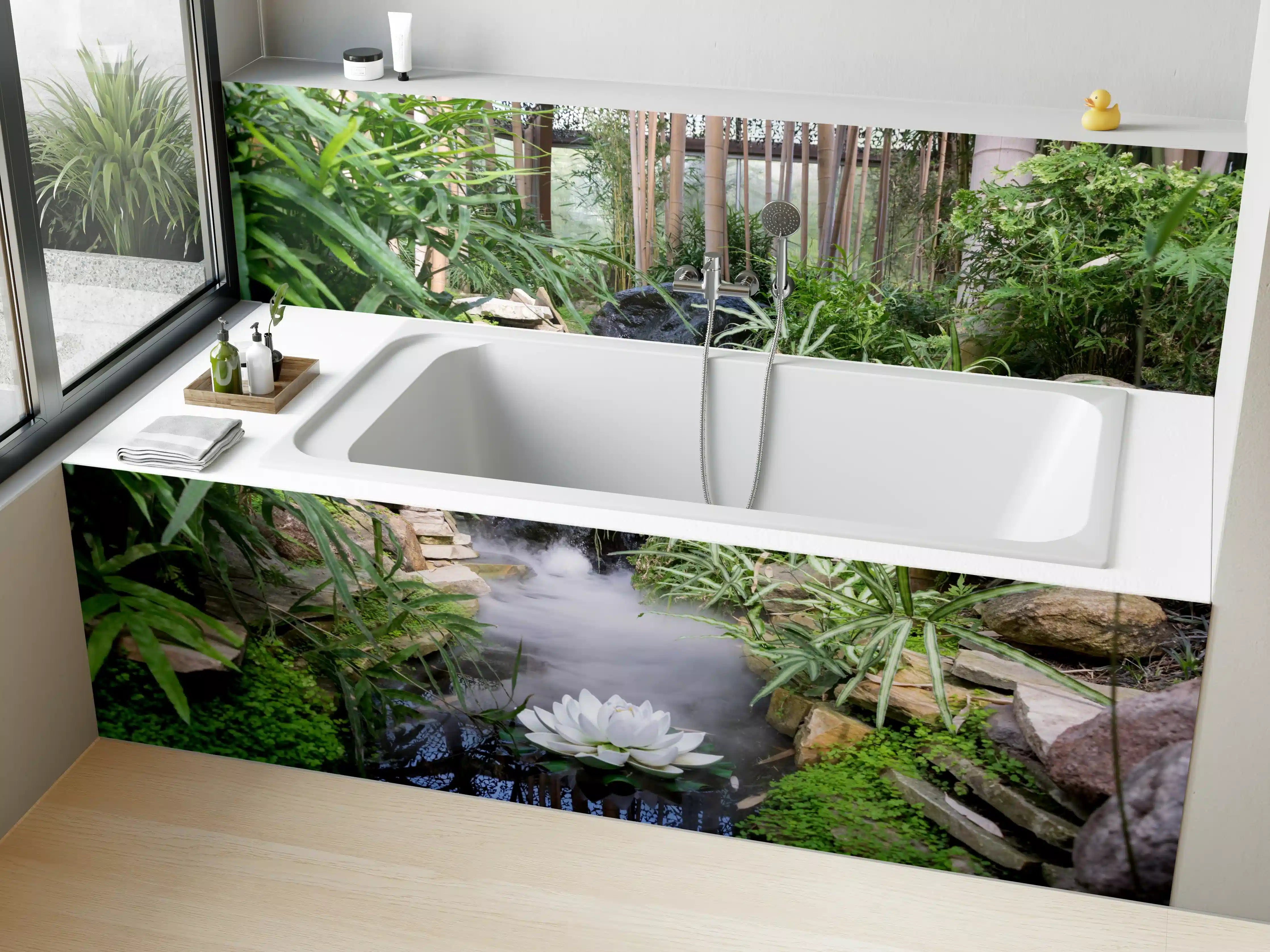 Badewannen-Rückwand - Zen-Garten mit weißer Seerose