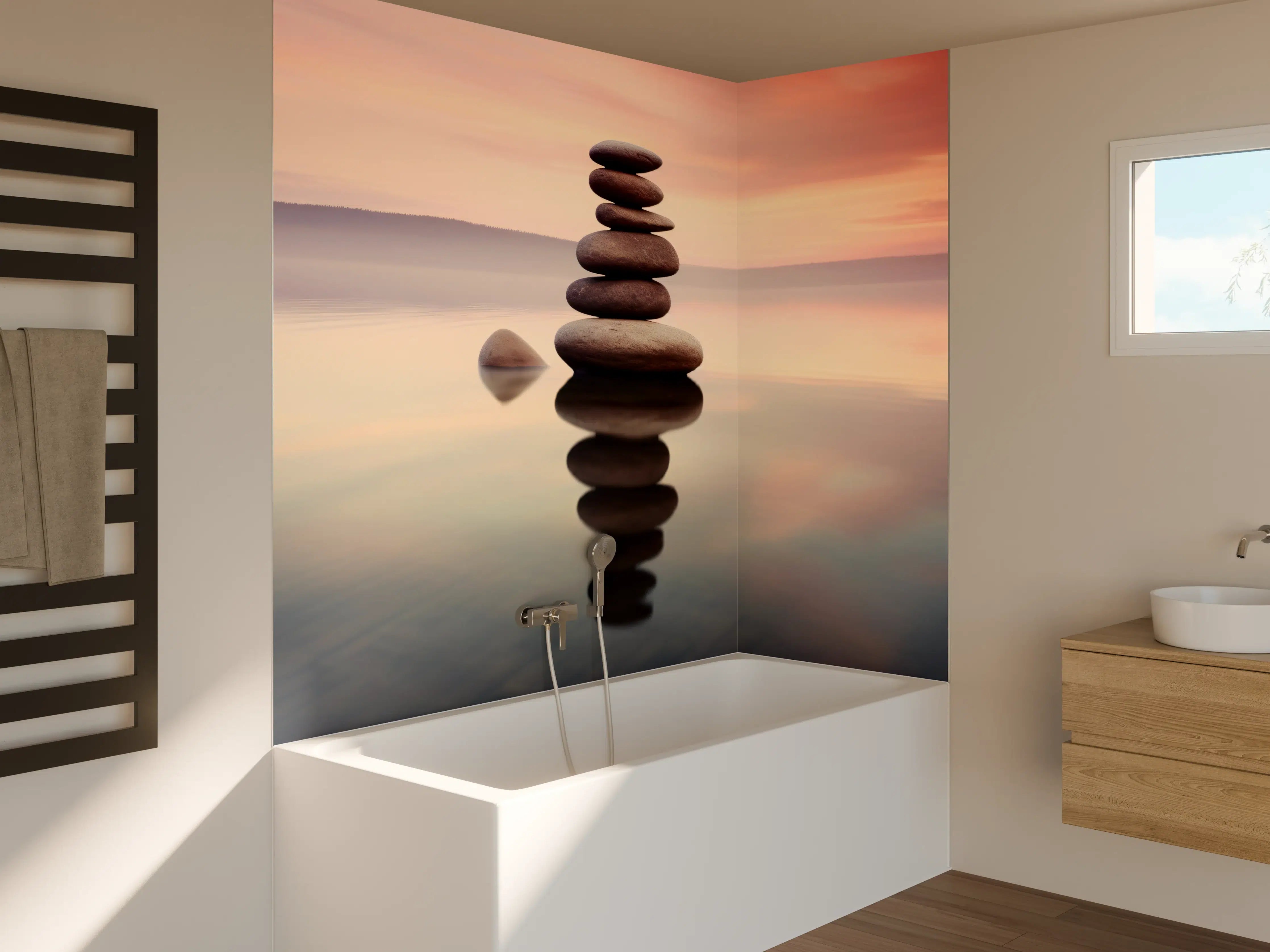 Badewannen-Rückwand - Zen-Steine am rosa Sonnenuntergang